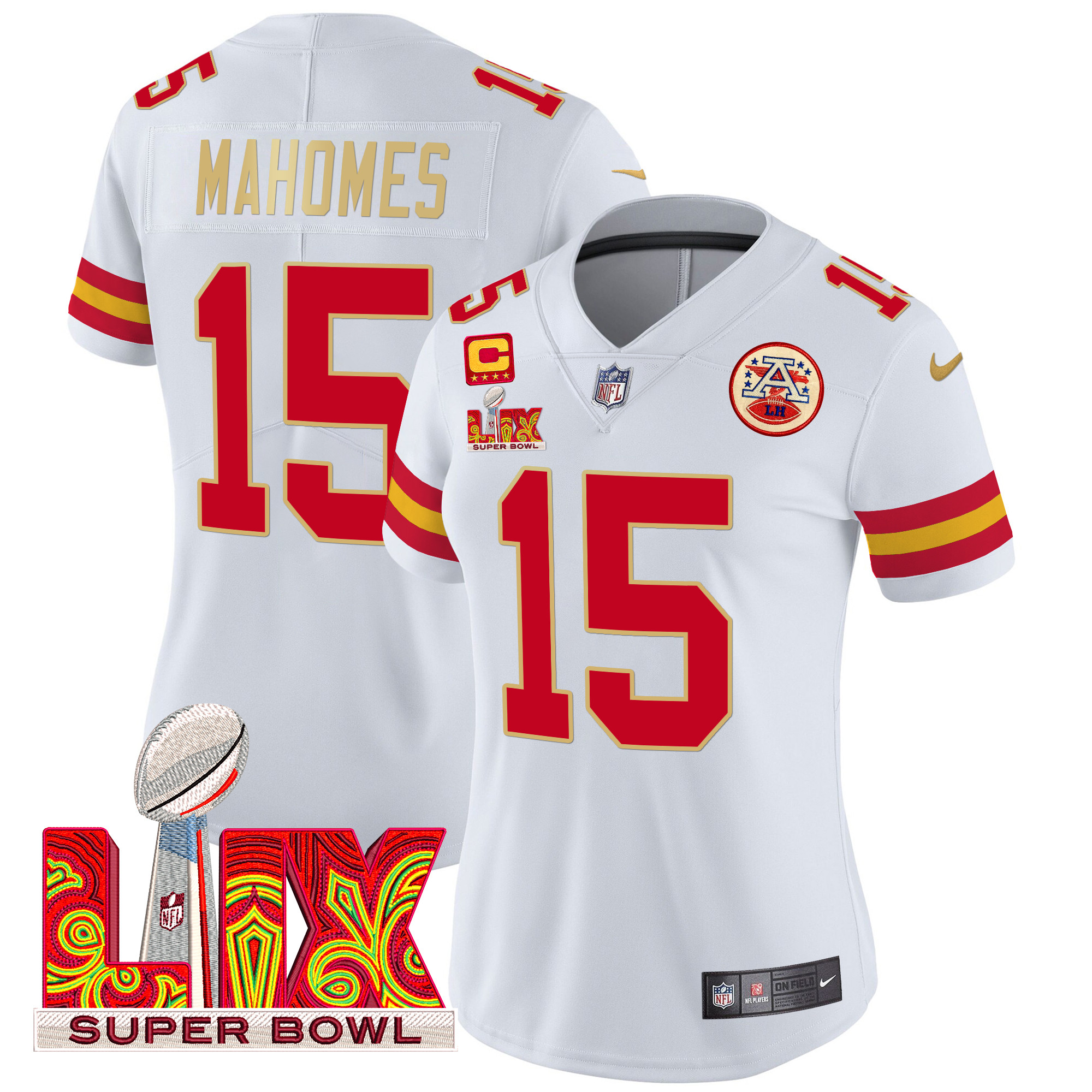 Patrick Mahomes Women's Kansas City Chiefs Super Bowl LIX Patch Gold Trim Vapor Limited White Jersey - All Stitched