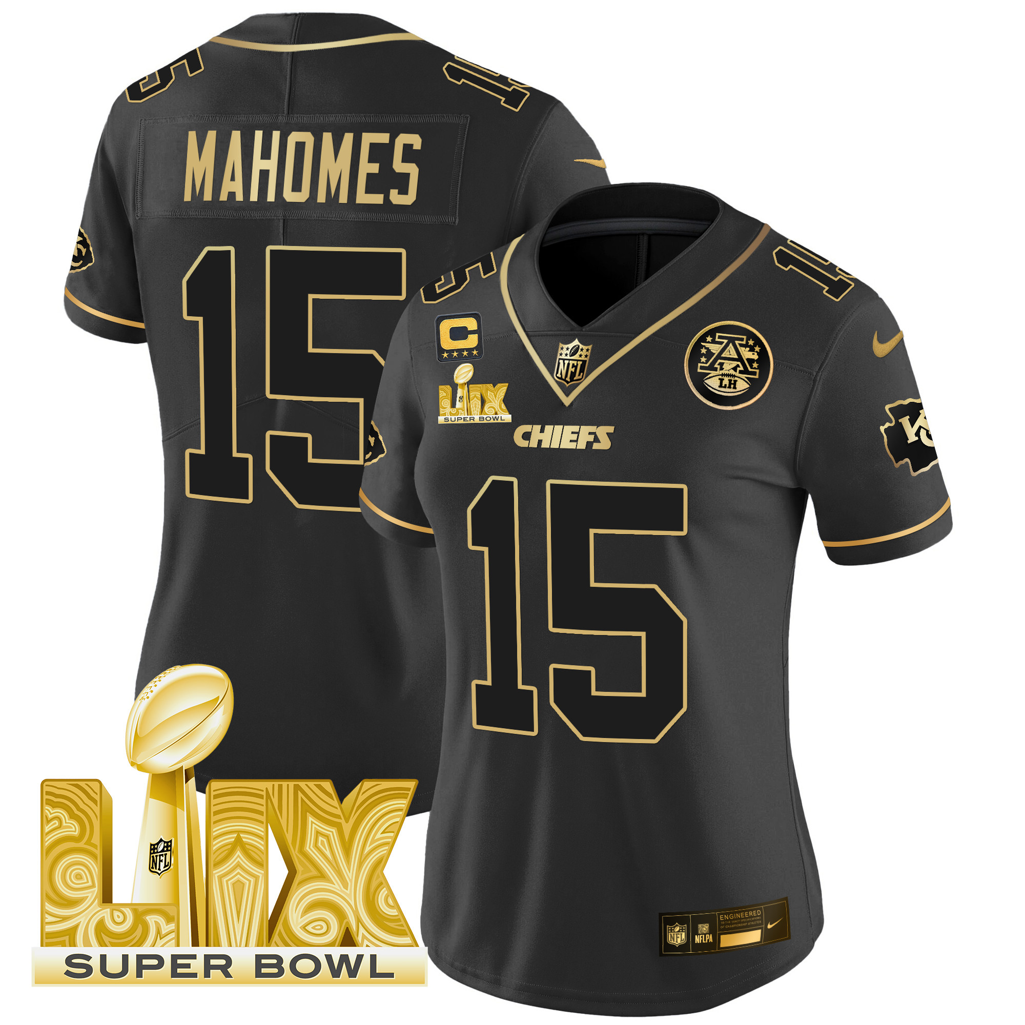 Patrick Mahomes Women's Kansas City Chiefs Super Bowl LIX Patch Gold Vapor Limited Black Gold Jersey - All Stitched