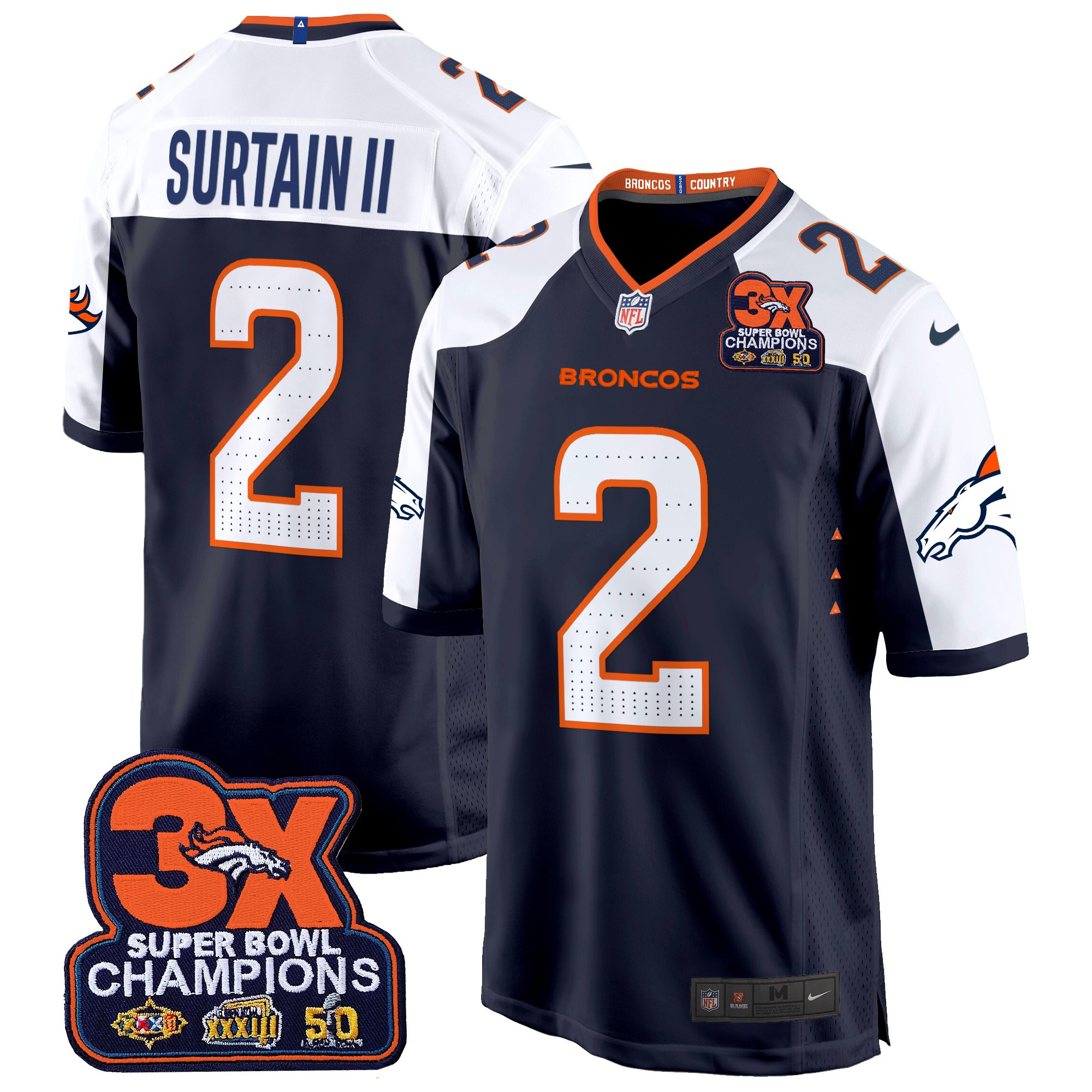 Patrick Surtain II Men's Denver Broncos 3-Time Champions Patch Game Navy Alternate Jersey - Al Stitched