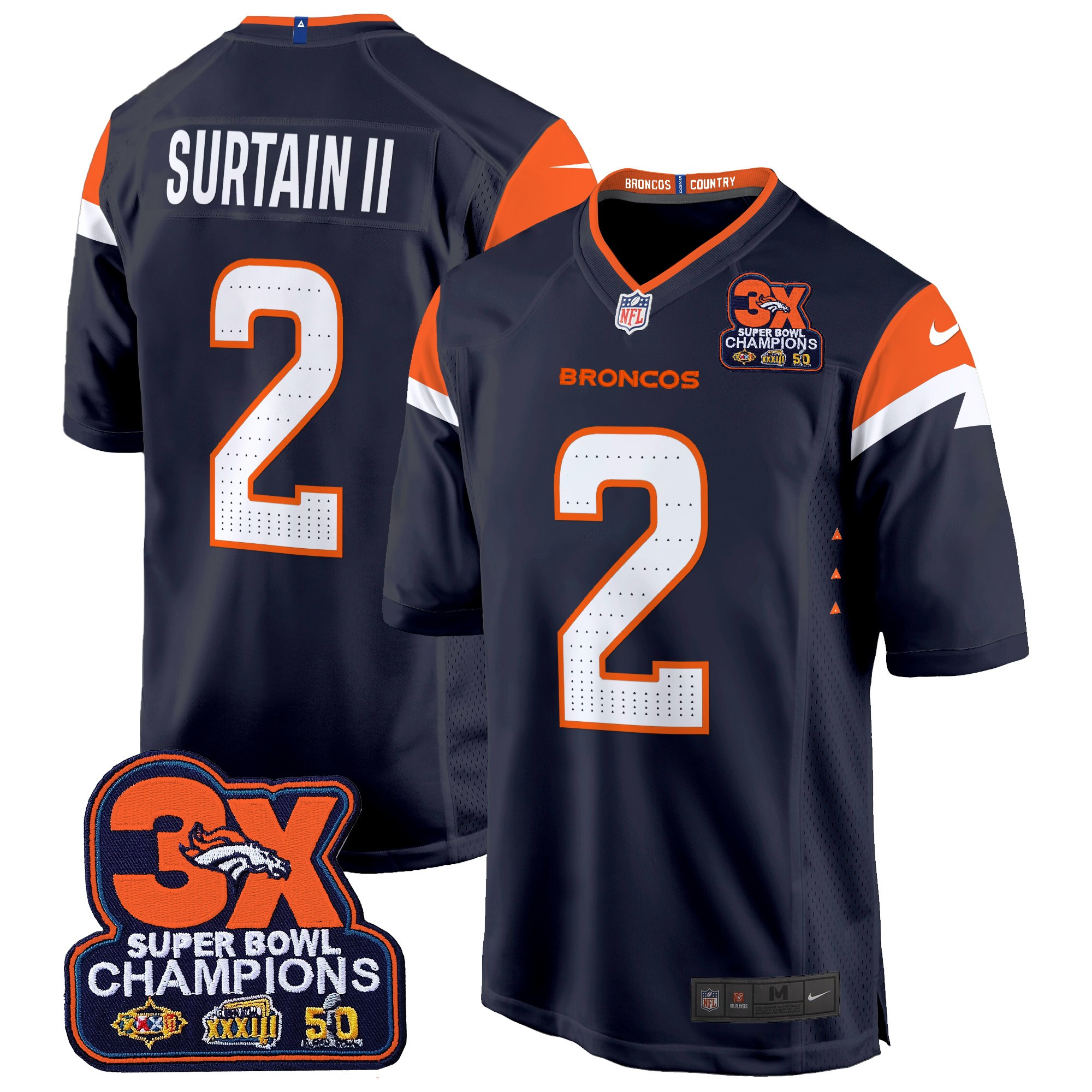 Patrick Surtain II Men's Denver Broncos 3-Time Champions Patch Game Navy Jersey - Al Stitched