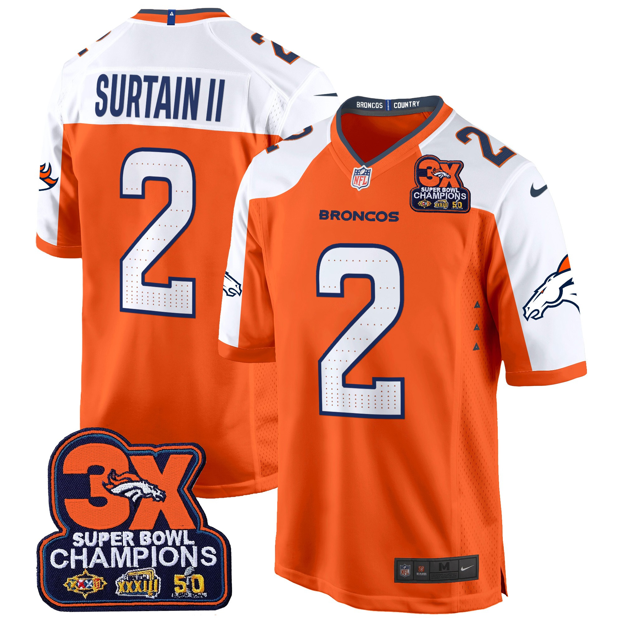 Patrick Surtain II Men's Denver Broncos 3-Time Champions Patch Game Orange Alternate Jersey - Al Stitched