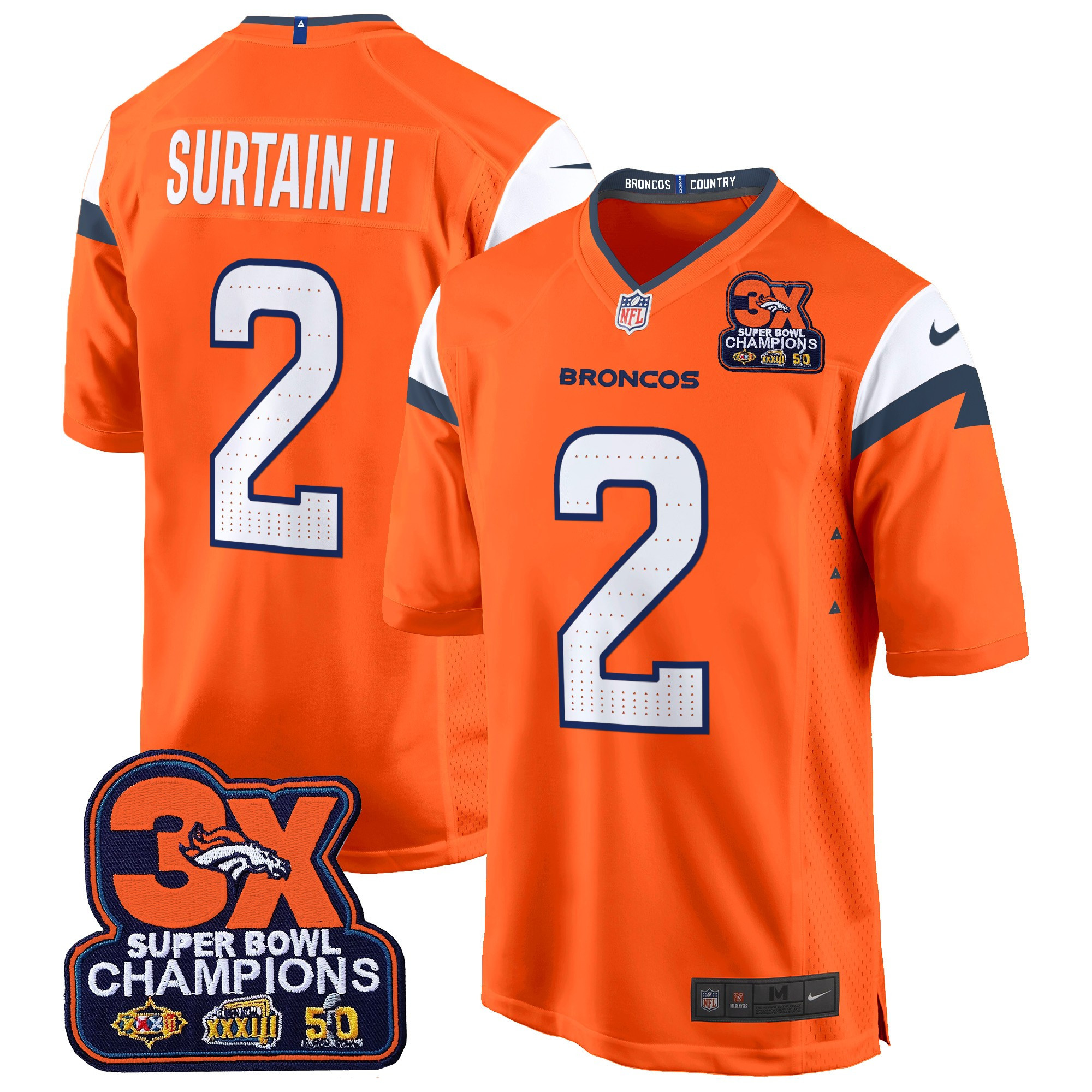 Patrick Surtain II Men's Denver Broncos 3-Time Champions Patch Game Orange Jersey - Al Stitched