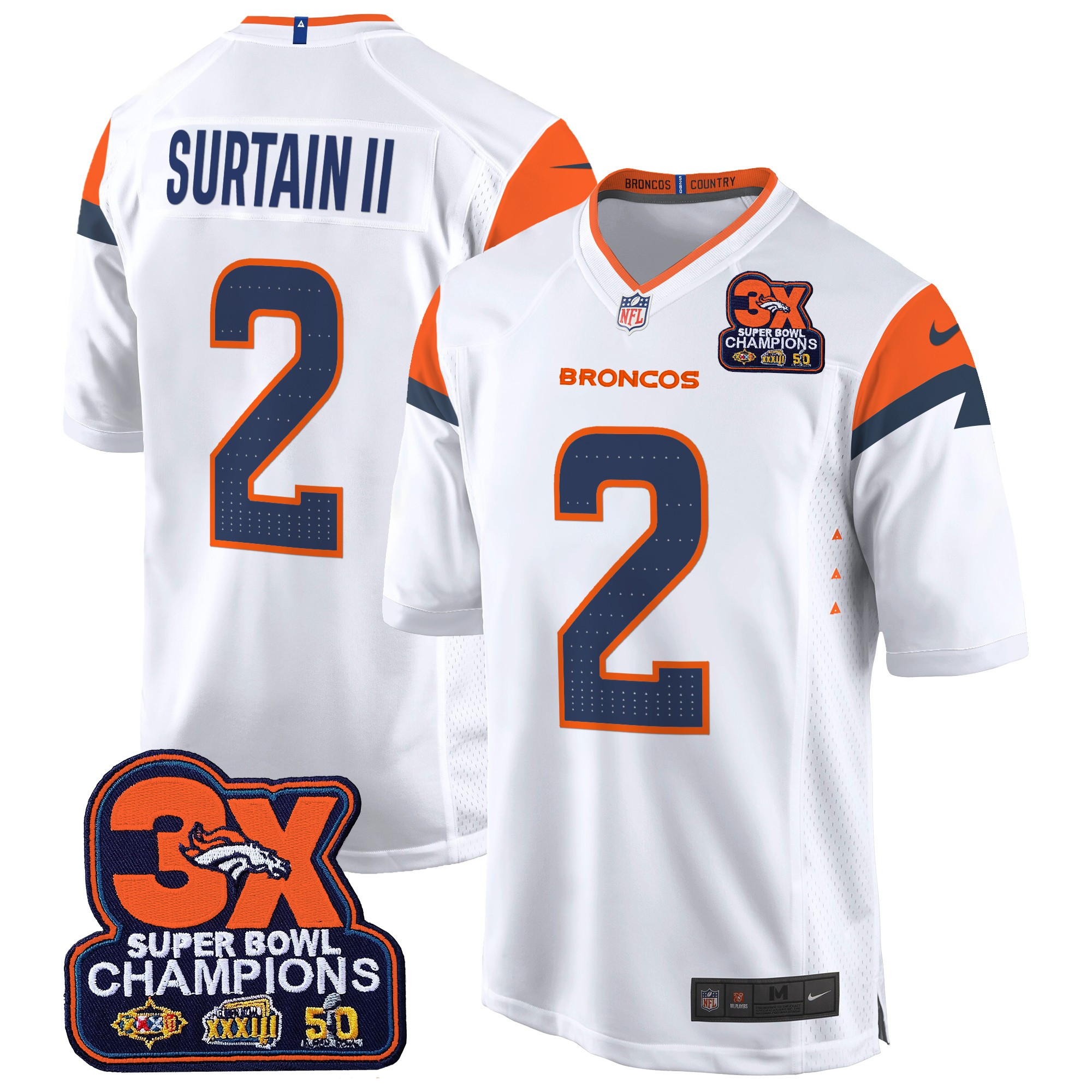 Patrick Surtain II Men's Denver Broncos 3-Time Champions Patch Game White Jersey - Al Stitched