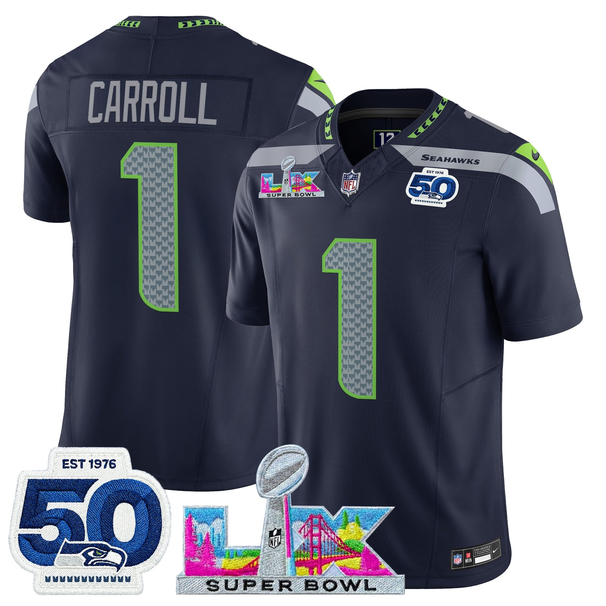 Pete Carroll Men's Seattle Seahawks “Super Bowl LX & 50th Patch” Vapor Limited College Navy Jersey - All Stitched