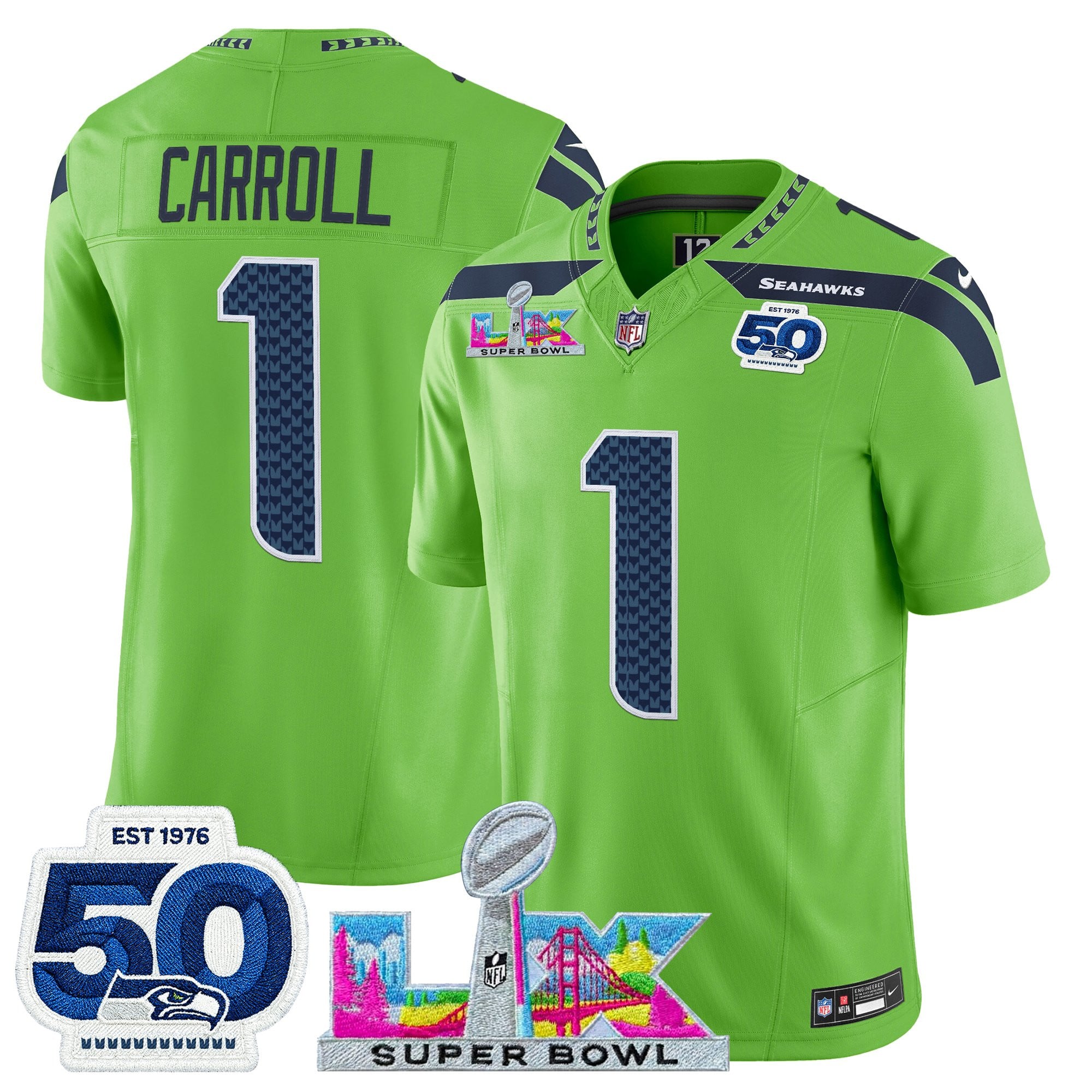 Pete Carroll Men's Seattle Seahawks “Super Bowl LX & 50th Patch” Vapor Limited Green Jersey - All Stitched