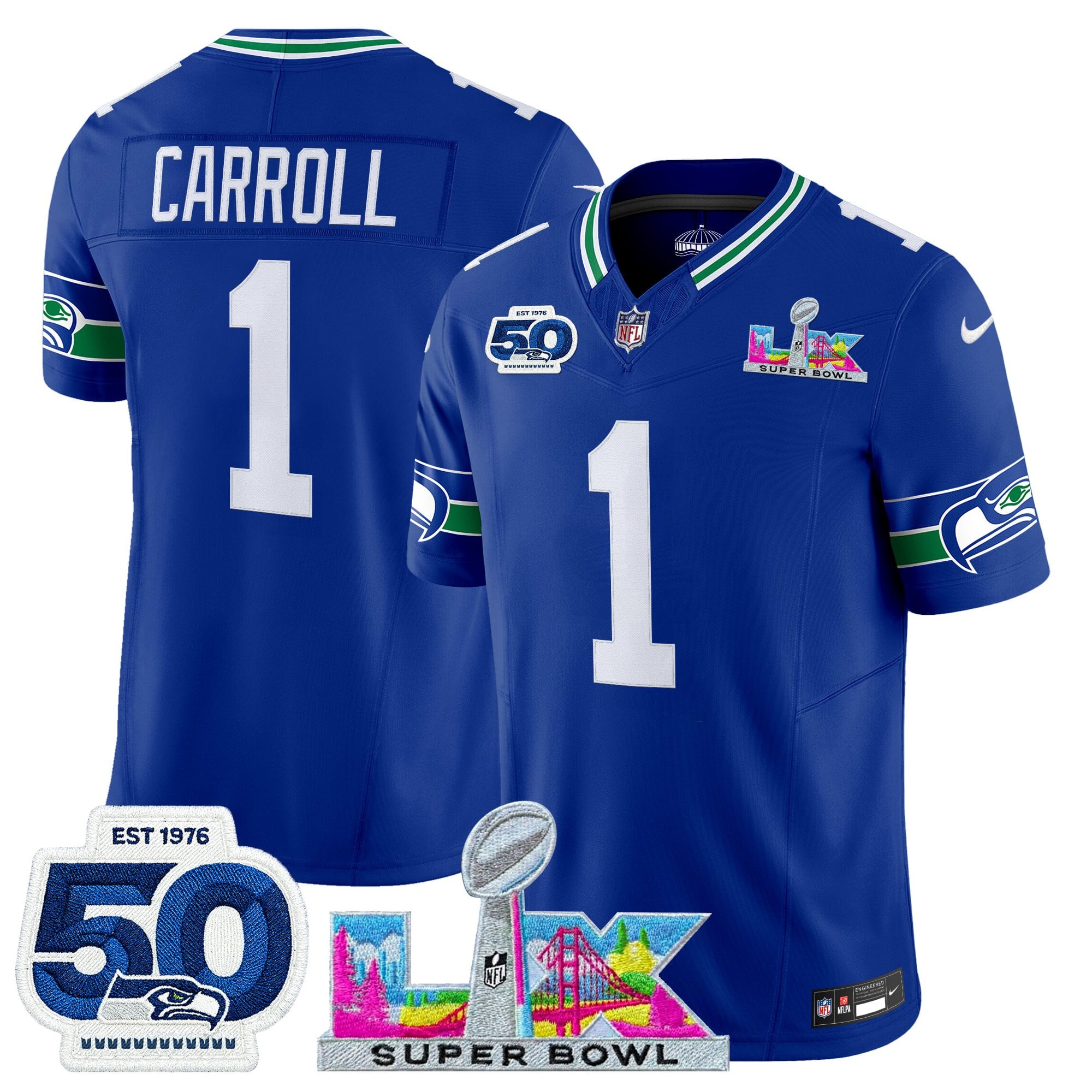 Pete Carroll Men's Seattle Seahawks “Super Bowl LX & 50th Patch” Vapor Limited Royal Jersey - All Stitched