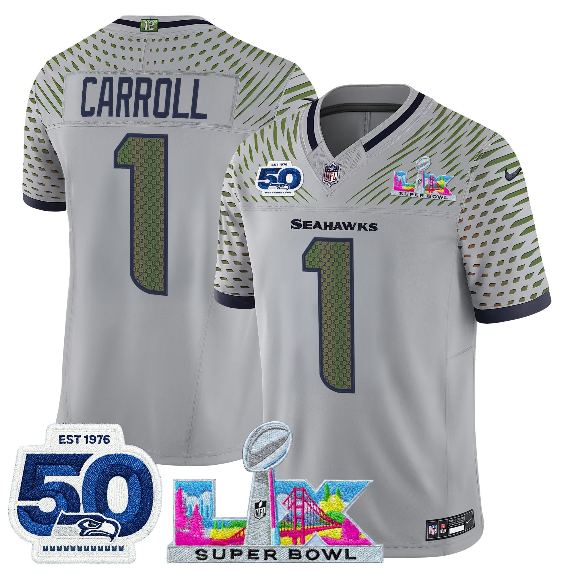 Pete Carroll Men's Seattle Seahawks “Super Bowl LX & 50th Patch” Vapor Limited Wolf Gray Jersey - All Stitched