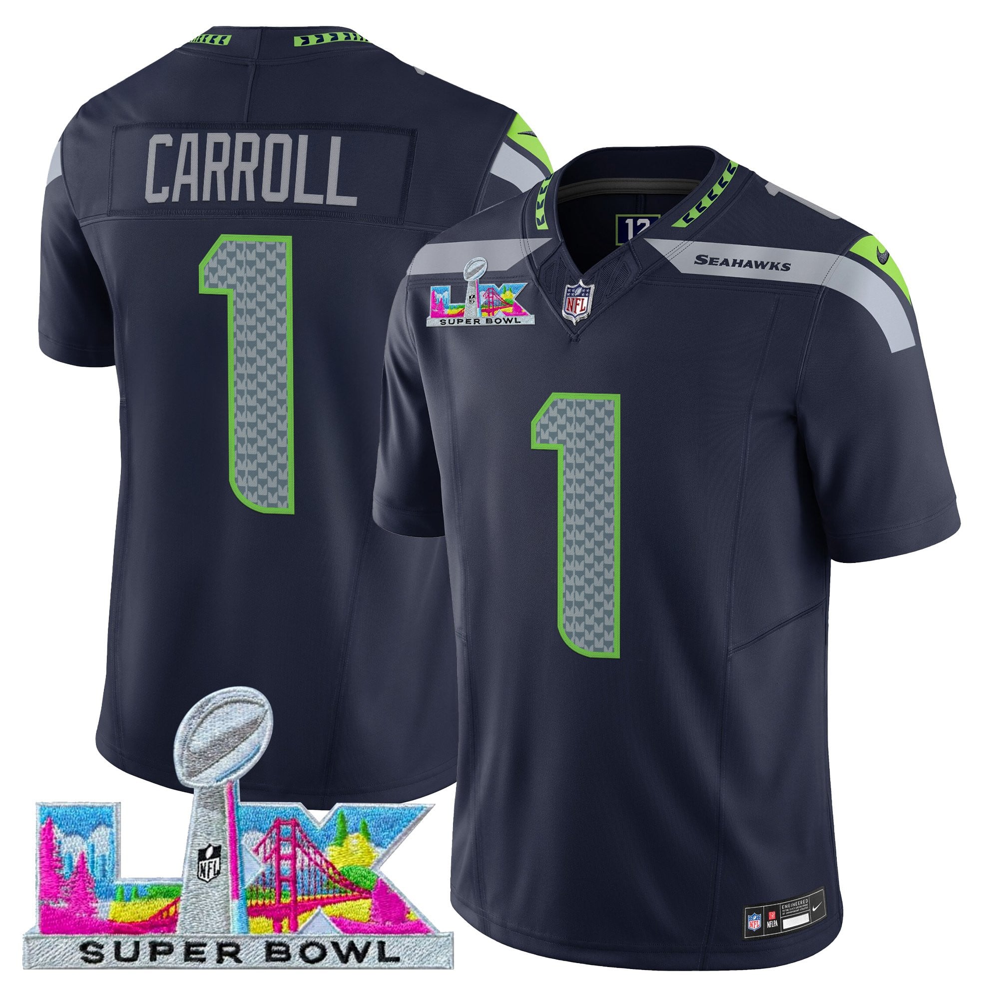 Pete Carroll Men's Seattle Seahawks Super Bowl LX Vapor Limited College Navy Jersey - All Stitched