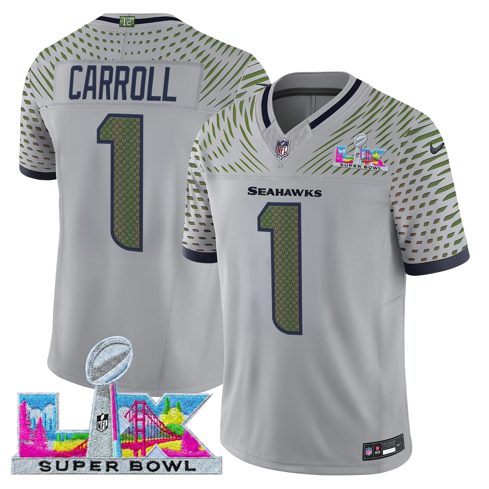 Pete Carroll Men's Seattle Seahawks Super Bowl LX Vapor Limited Wolf Gray Jersey - All Stitched