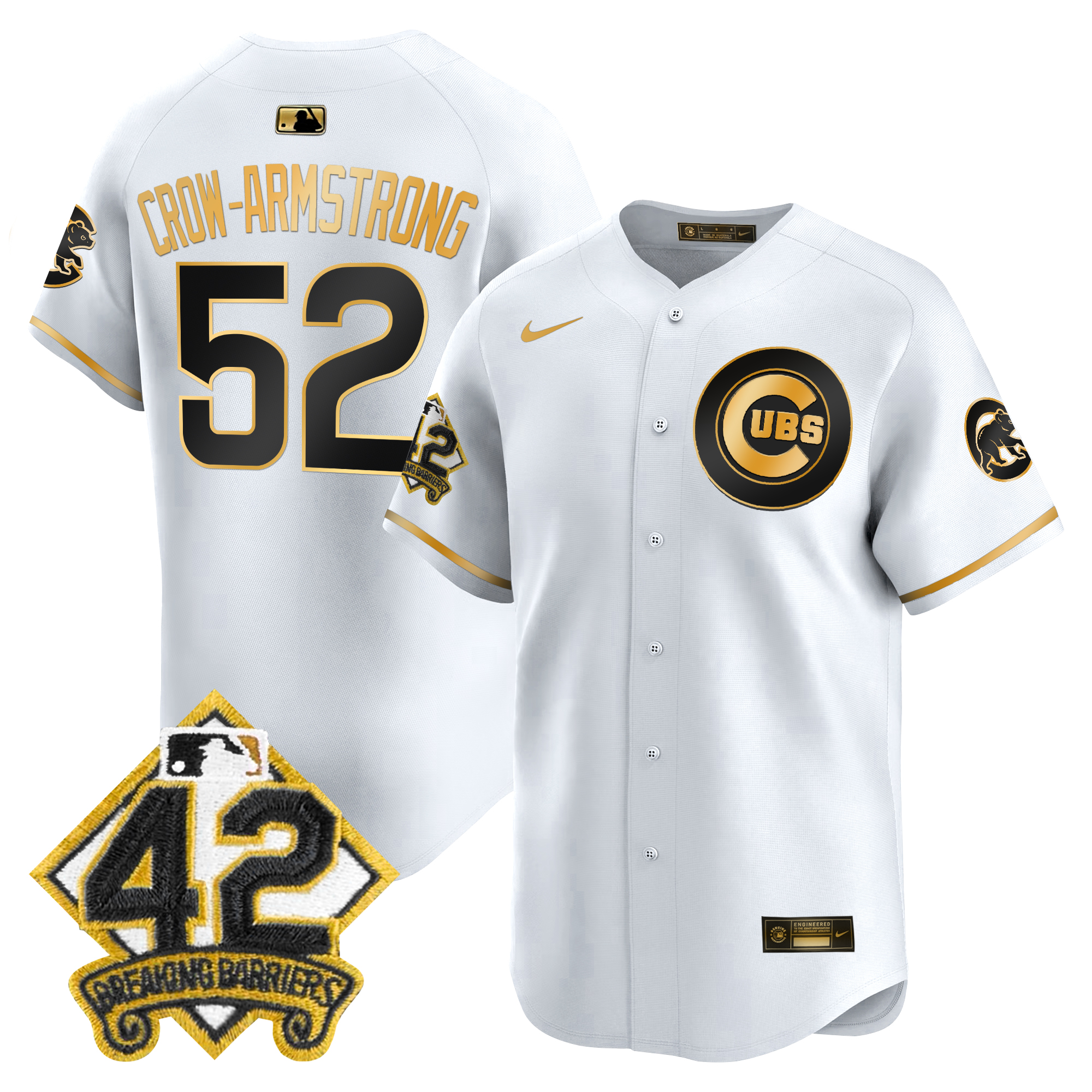 Pete Crow-Armstrong Men's Chicago Cubs 2025 Jackie Robinson Patch Vapor Premier Limited White Gold Jersey - All Stitched