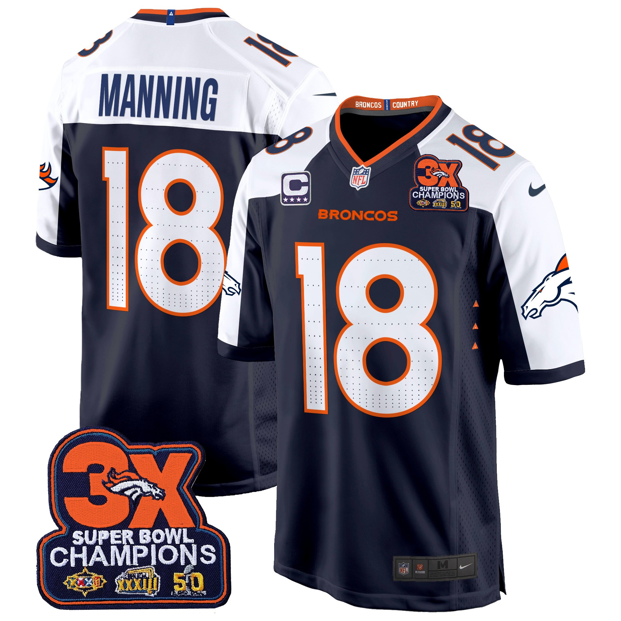 Peyton Manning Men's Denver Broncos 3-Time Champions Patch Game Navy Alternate Jersey - Al Stitched
