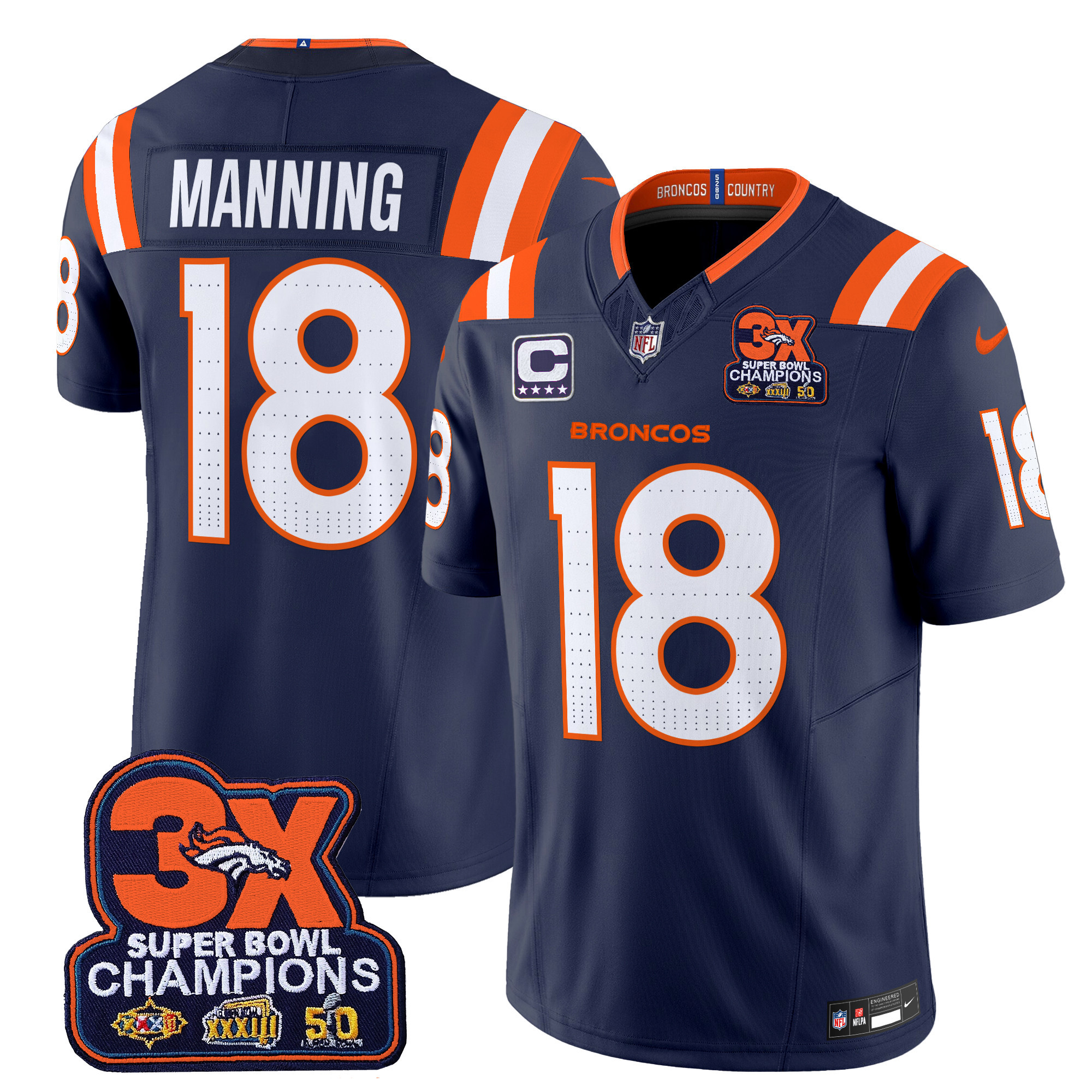 Peyton Manning Men's Denver Broncos 3-Time Champions Patch Vapor Limited Navy Jersey V2 - All Stitched
