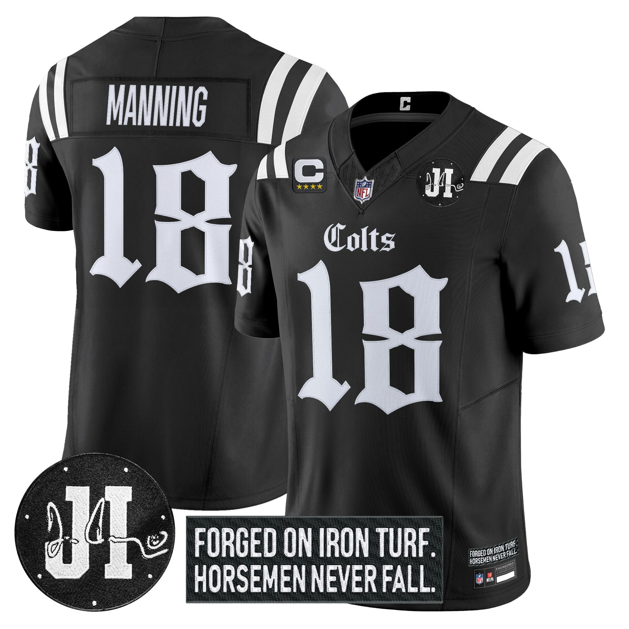 Peyton Manning Men's Indianapolis Colts 2025 Gothic Iron Hoof Edition Vapor Limited Black Jersey - Jim Irsay Patch - All Stitched