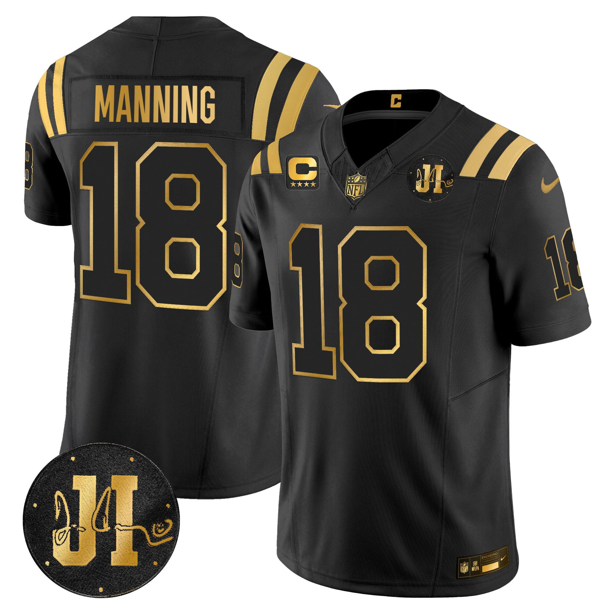 Peyton Manning Men's Indianapolis Colts 2025 Jim Irsay Patch Gold Vapor Limited Black Gold Jersey - All Stitched