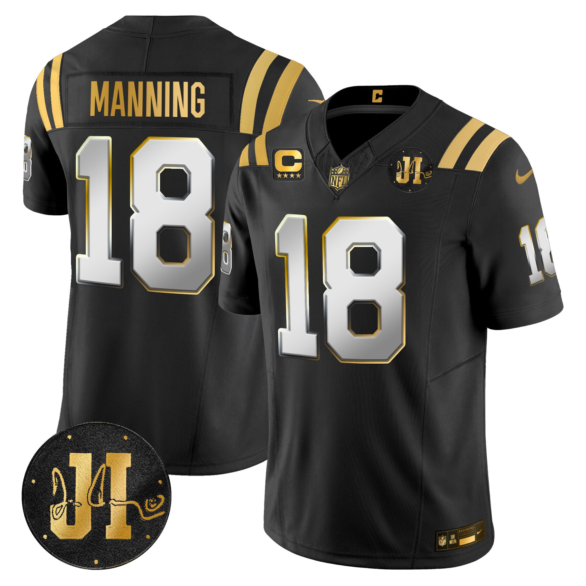 Peyton Manning Men's Indianapolis Colts 2025 Jim Irsay Patch Gold Vapor Limited Black Limited Jersey - All Stitched