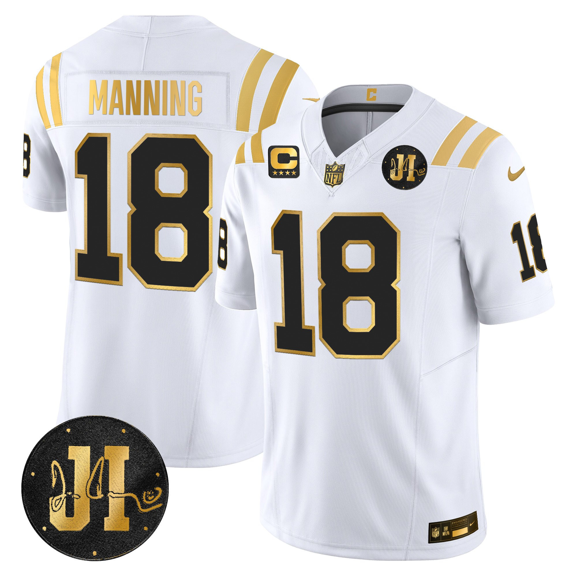 Peyton Manning Men's Indianapolis Colts 2025 Jim Irsay Patch Gold Vapor Limited White Gold Jersey - All Stitched