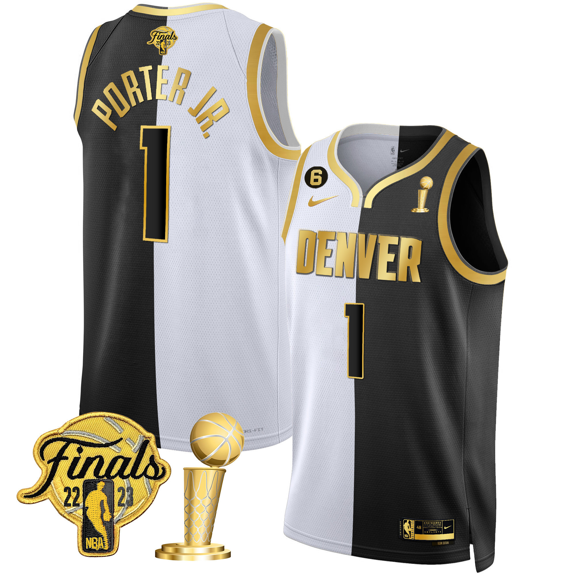 Porter Jr. Men's Denver Nuggets 2023 Finals & Champions Black & White Gold Split Jersey - All Stitched