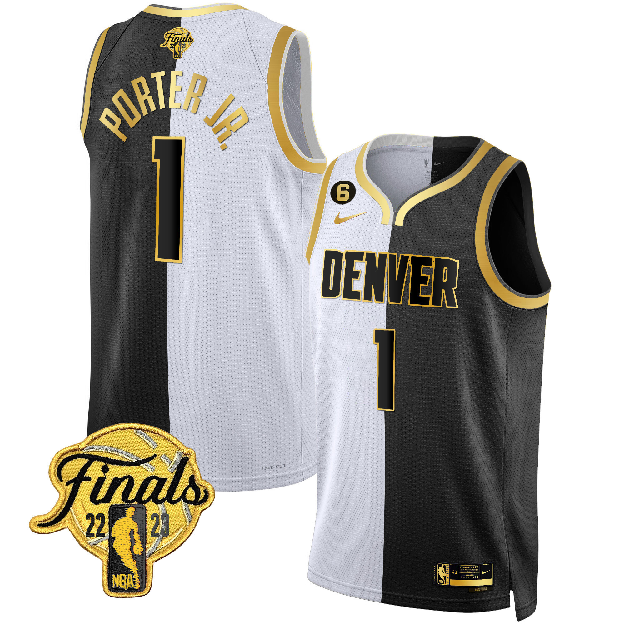 Porter Jr. Men's Denver Nuggets 2023 Finals Patch Black & White Gold Split Jersey - All Stitched