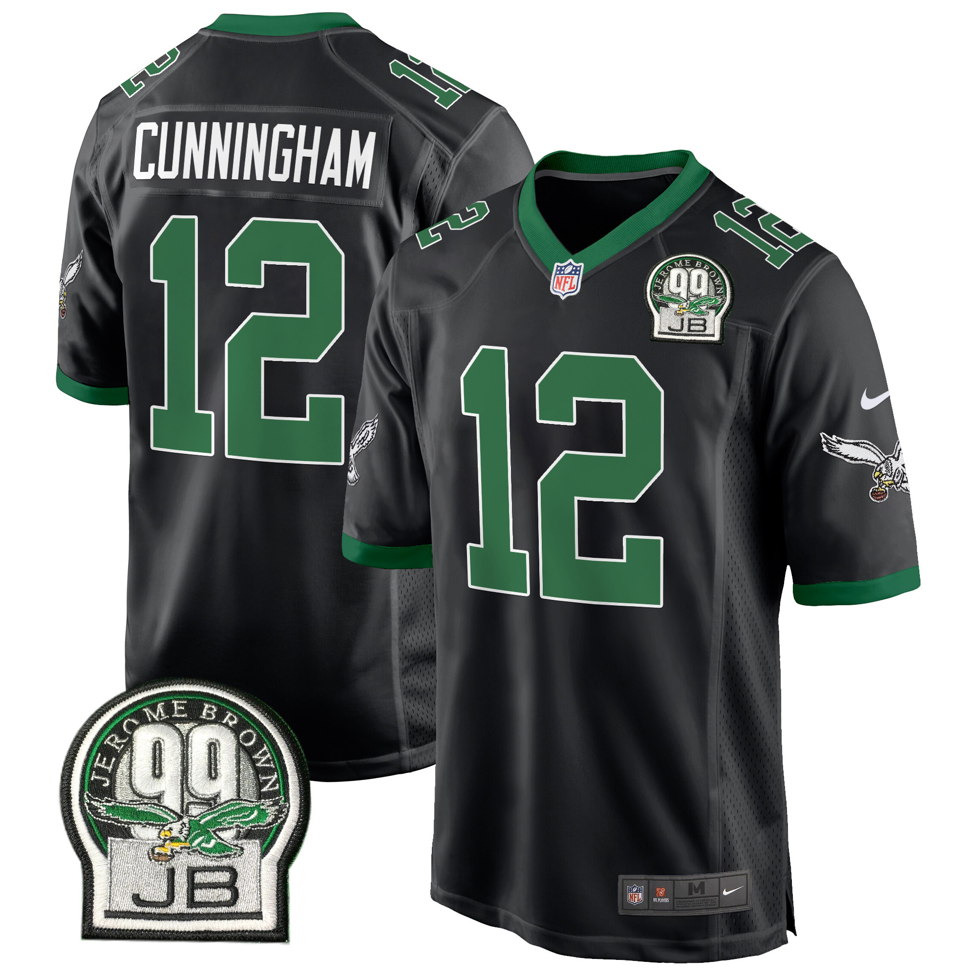 Randall Cunningham Men's Philadelphia Eagles Jerome Brown Patch Kelly Green Game Black Jersey - All Stitched
