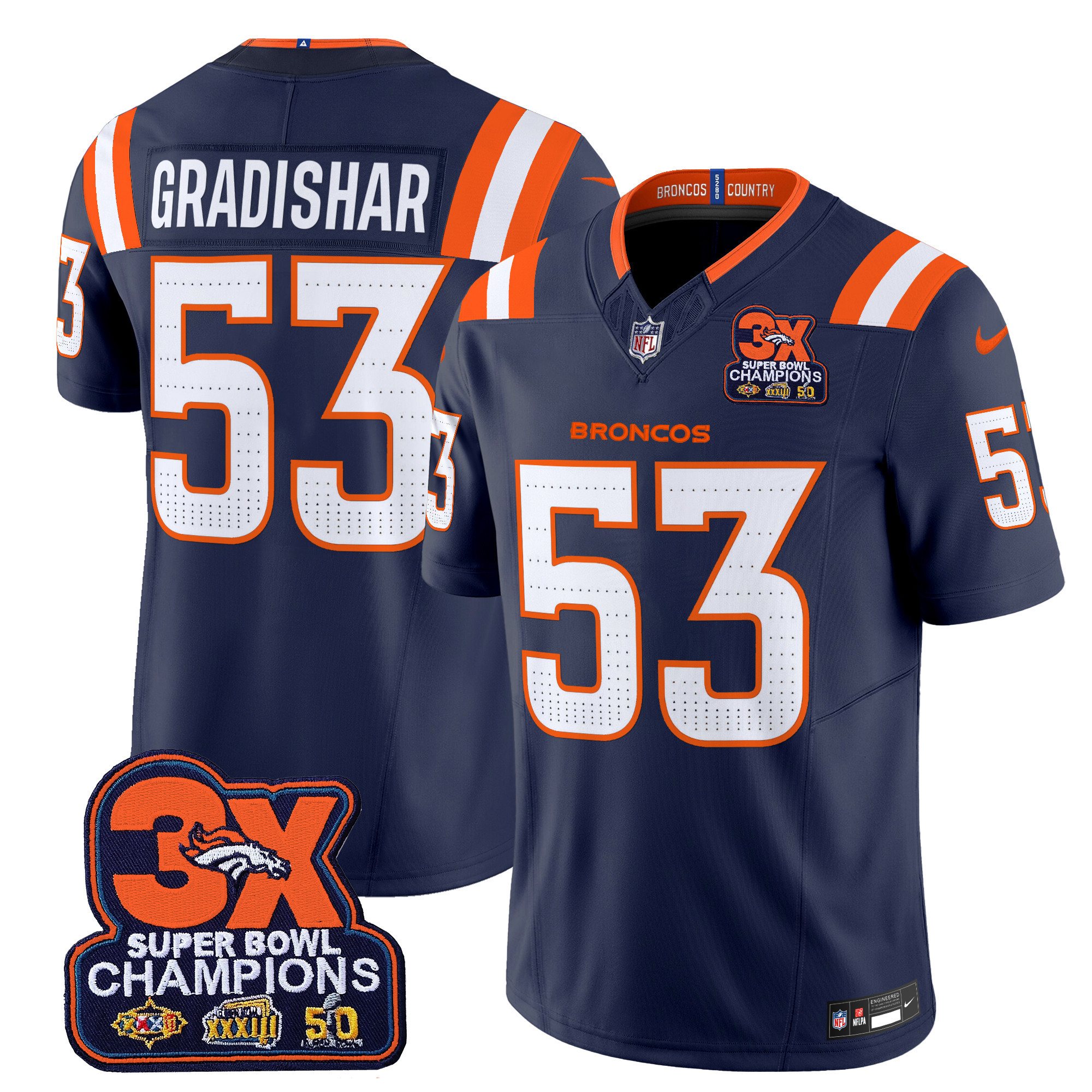 Randy Gradishar Men's Denver Broncos 3-Time Champions Patch Vapor Limited Navy Jersey V2 - All Stitched