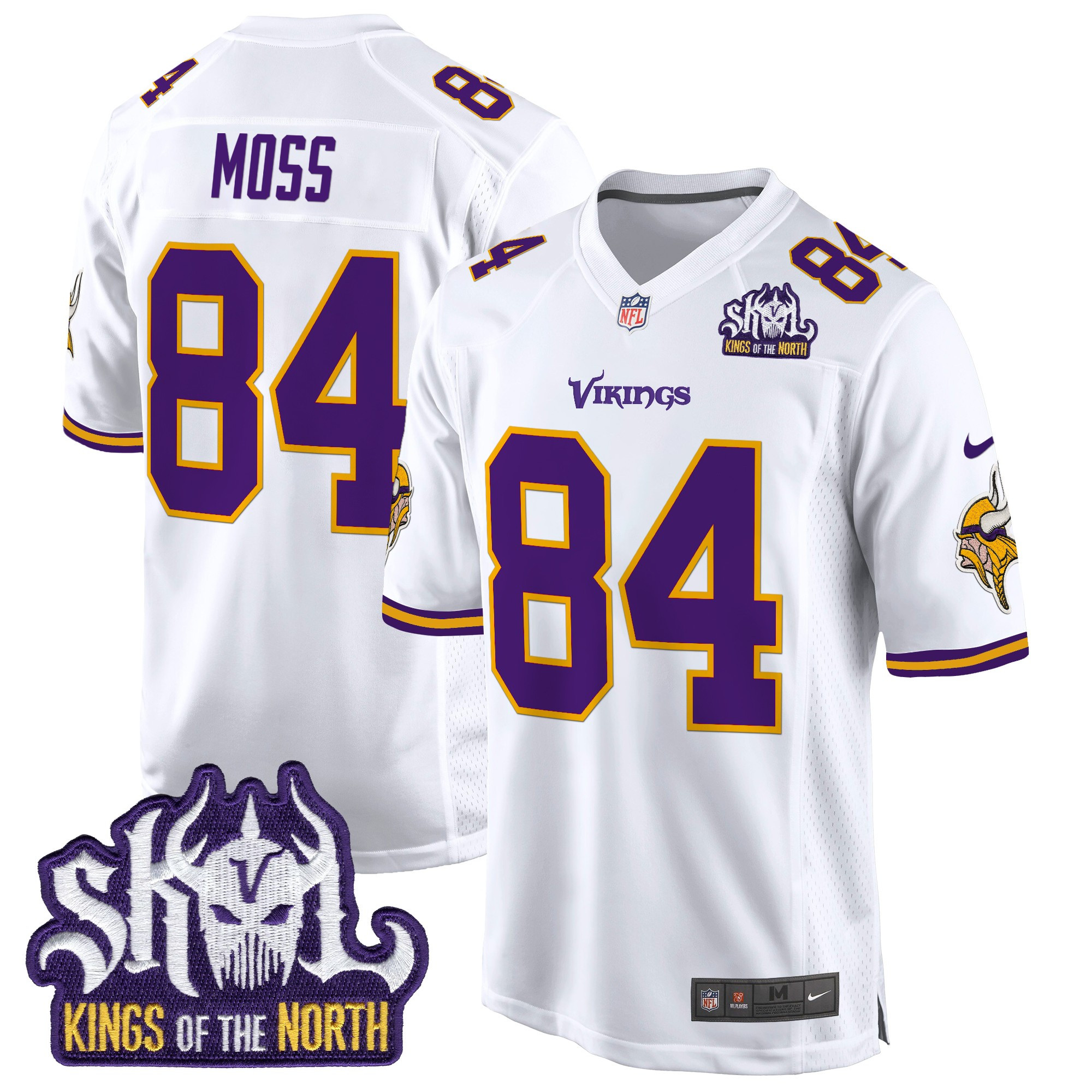 Randy Moss Men's Minnesota Vikings King Of The North Patch Throwback Game White Jersey - All Stitched