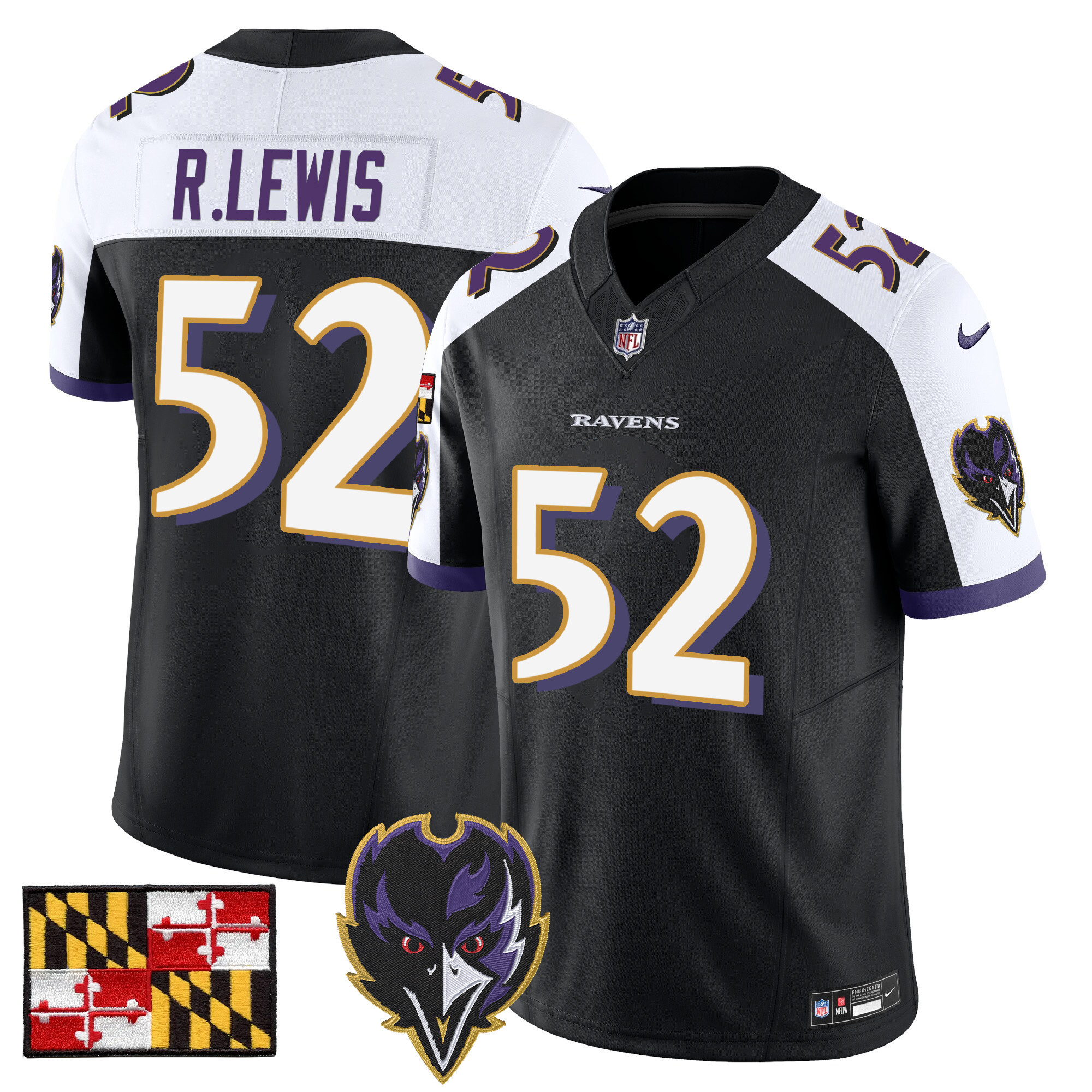 Ray Lewis Men's Baltimore Ravens 2024 Maryland Flag Vapor Limited Black Alternate Jersey V2 - All Stitched