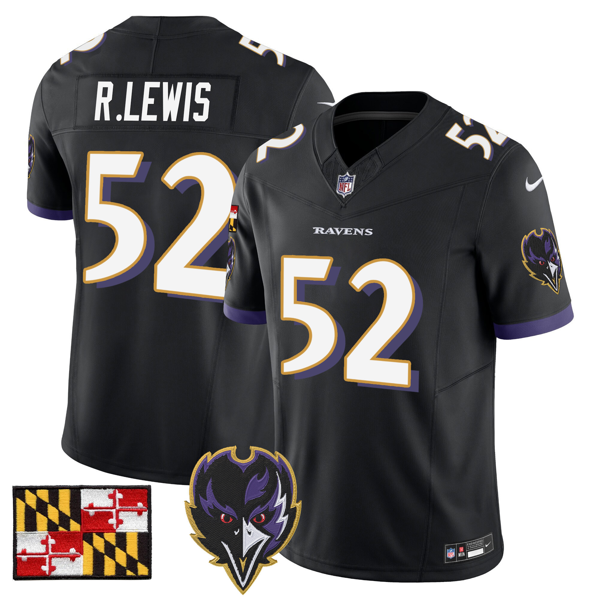 Ray Lewis Men's Baltimore Ravens 2024 Maryland Flag Vapor Limited Black Jersey V2 - All Stitched