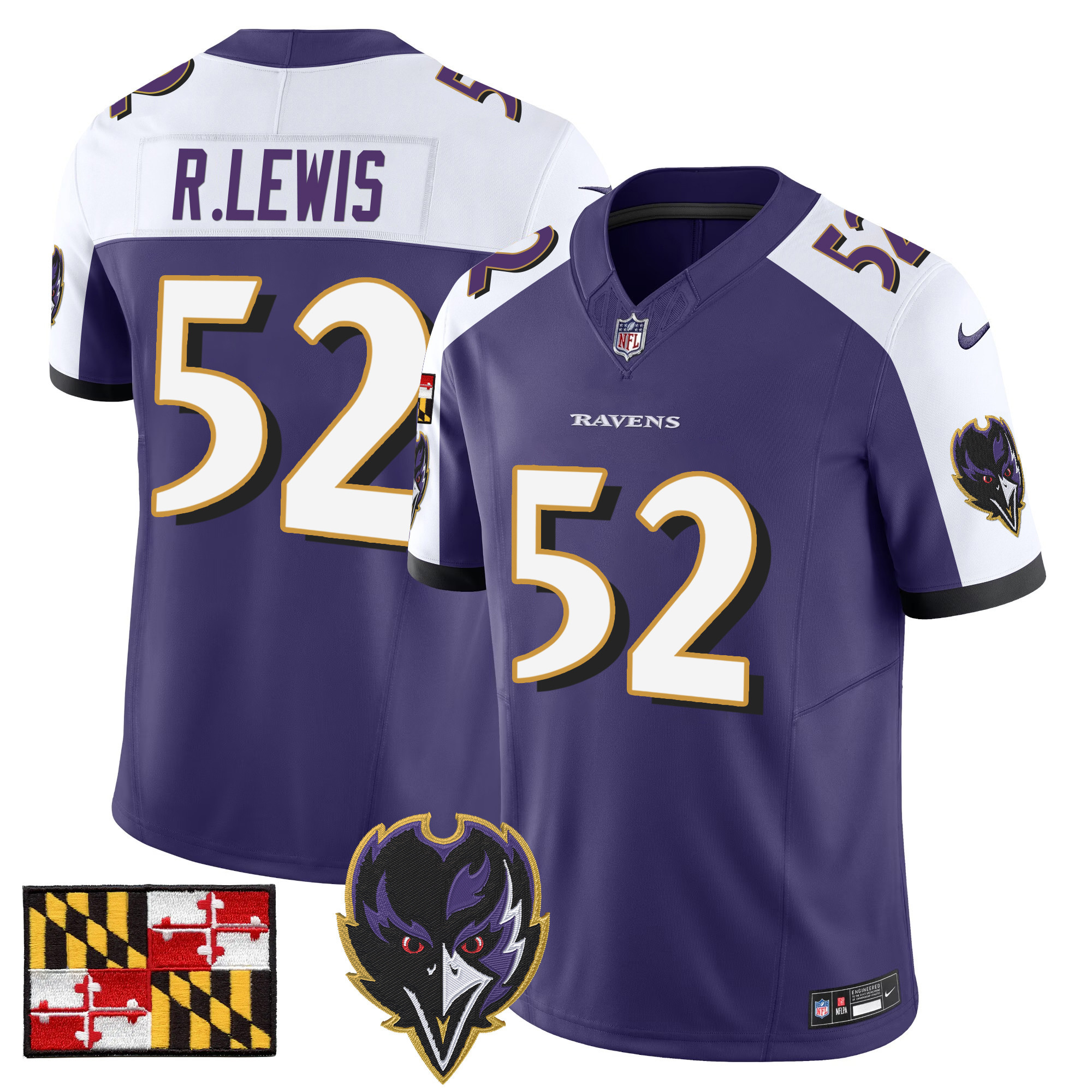 Ray Lewis Men's Baltimore Ravens 2024 Maryland Flag Vapor Limited Purple Alternate Jersey V2 - All Stitched