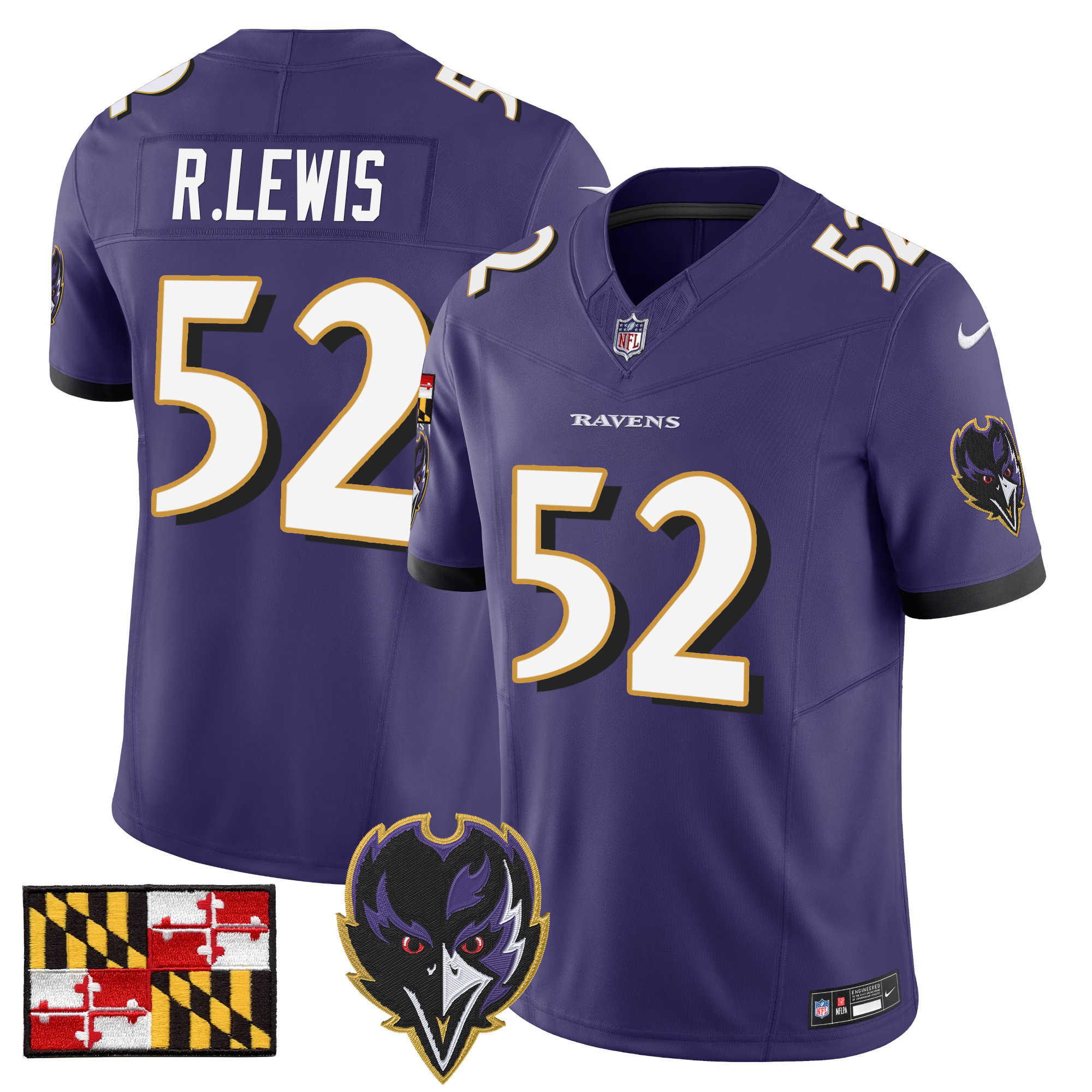 Ray Lewis Men's Baltimore Ravens 2024 Maryland Flag Vapor Limited Purple Jersey V2 - All Stitched