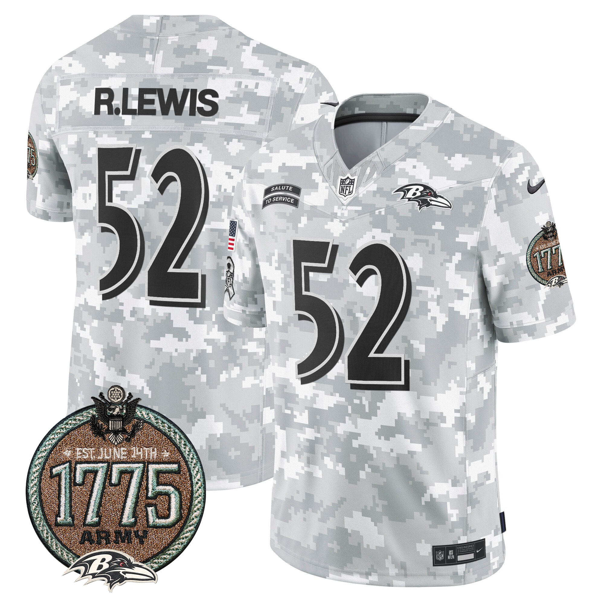 Ray Lewis Men's Baltimore Ravens 2024 Salute to Service Establishment Year Patch Vapor Limited Army Jersey - All Stitched