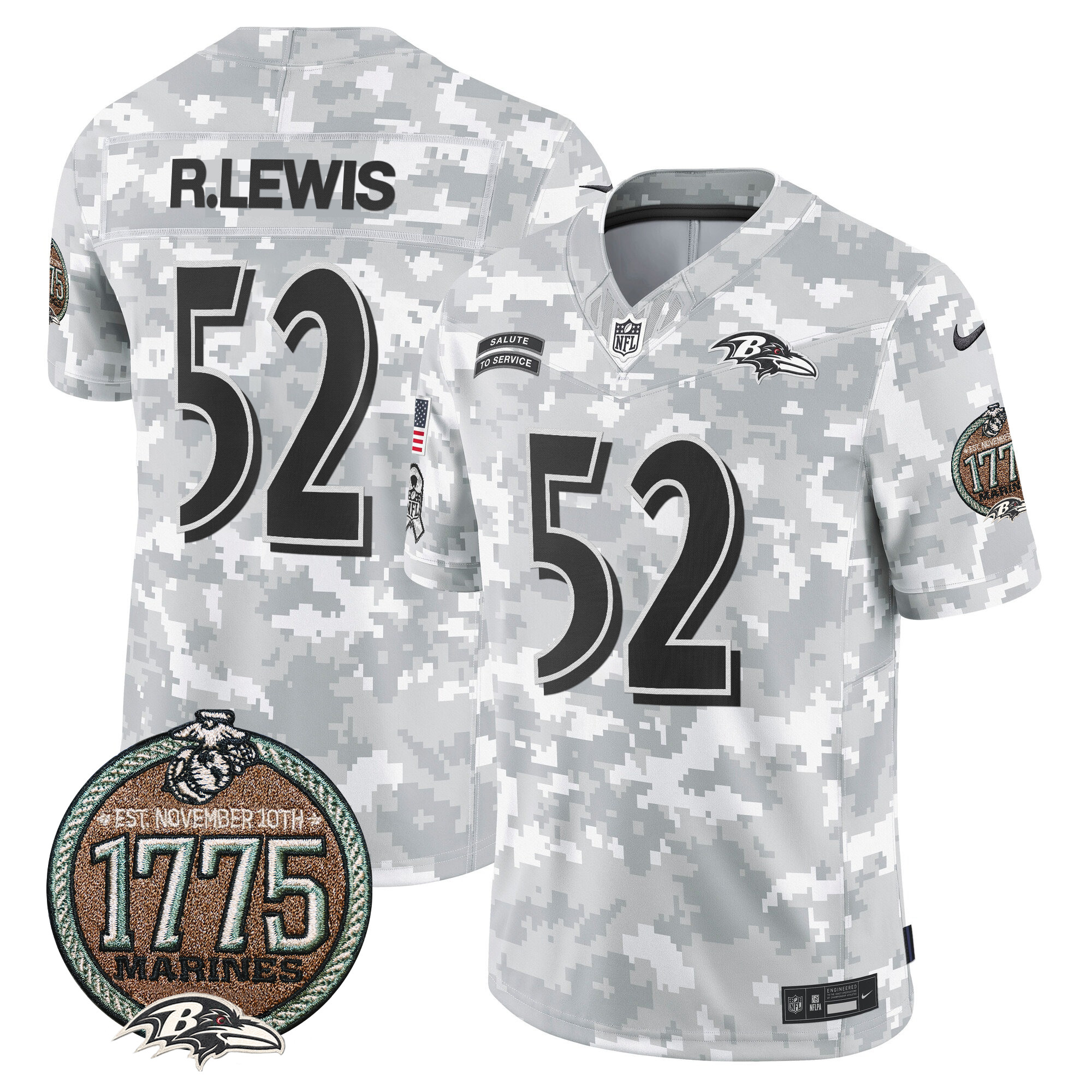 Ray Lewis Men's Baltimore Ravens 2024 Salute to Service Establishment Year Patch Vapor Limited Marines Jersey - All Stitched