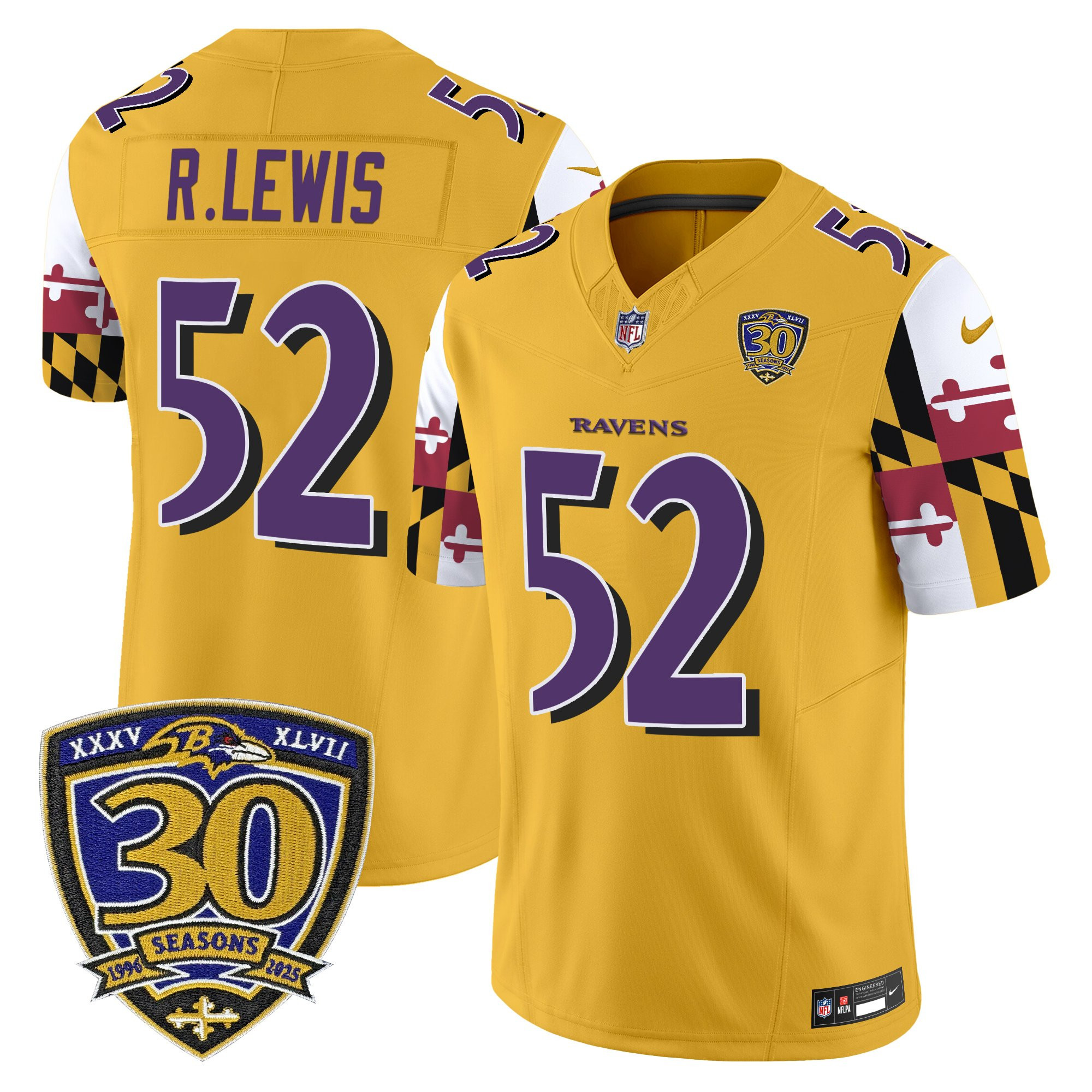 Ray Lewis Men's Baltimore Ravens Maryland Flag Edition Vapor Limited Gold Jersey - 30th Anniversary Patch - All Stitched