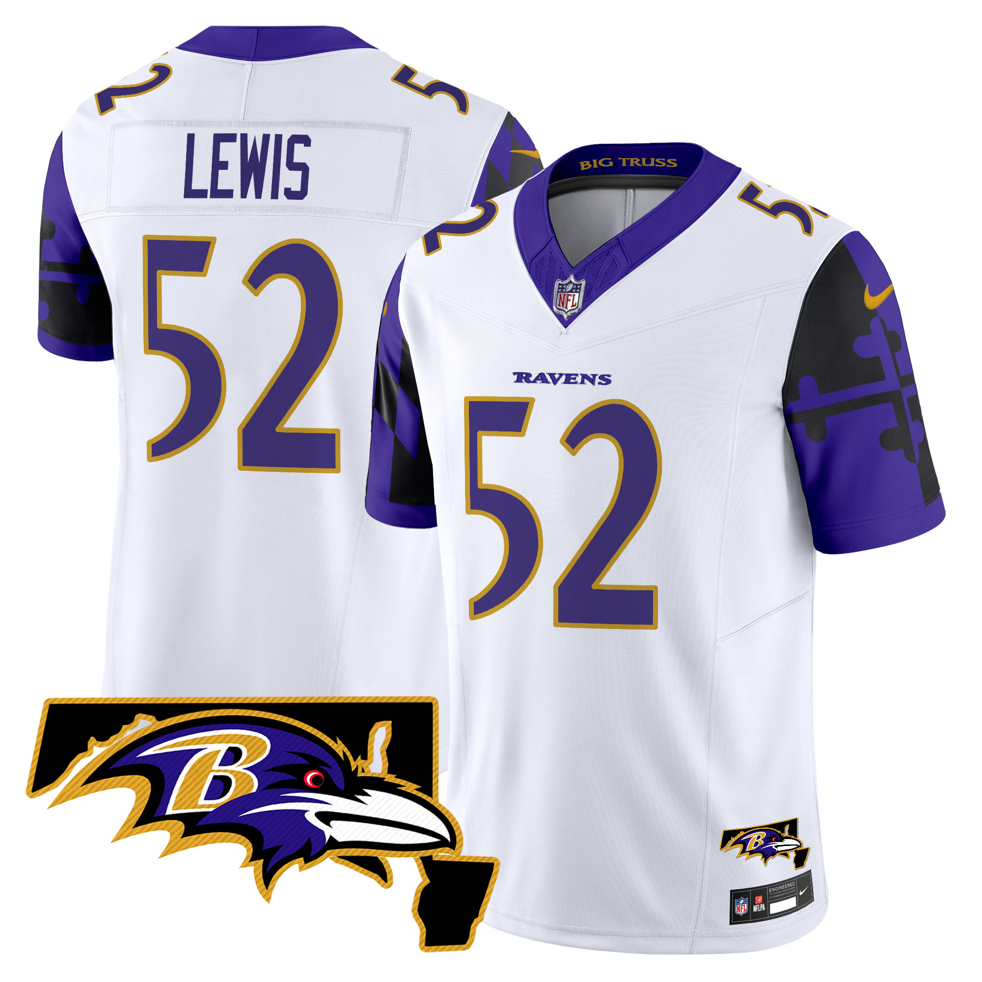 Ray Lewis Men's Baltimore Ravens Maryland Flag Map Patch Vapor Limited White Jersey - All Stitched