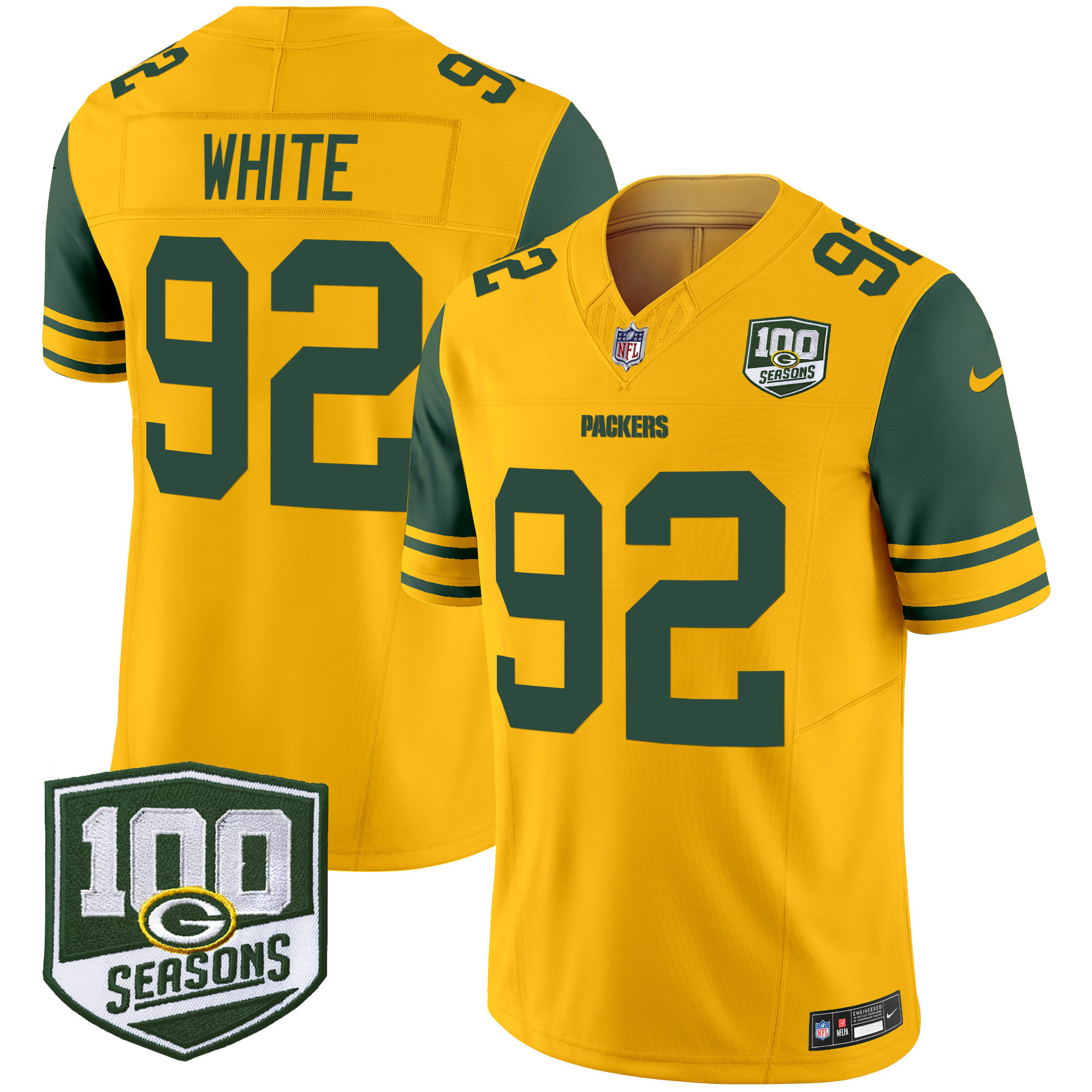 Reggie White Men's Green Bay Packers Throwback 100th Season Patch Vapor Limited Gold Jersey - All Stitched