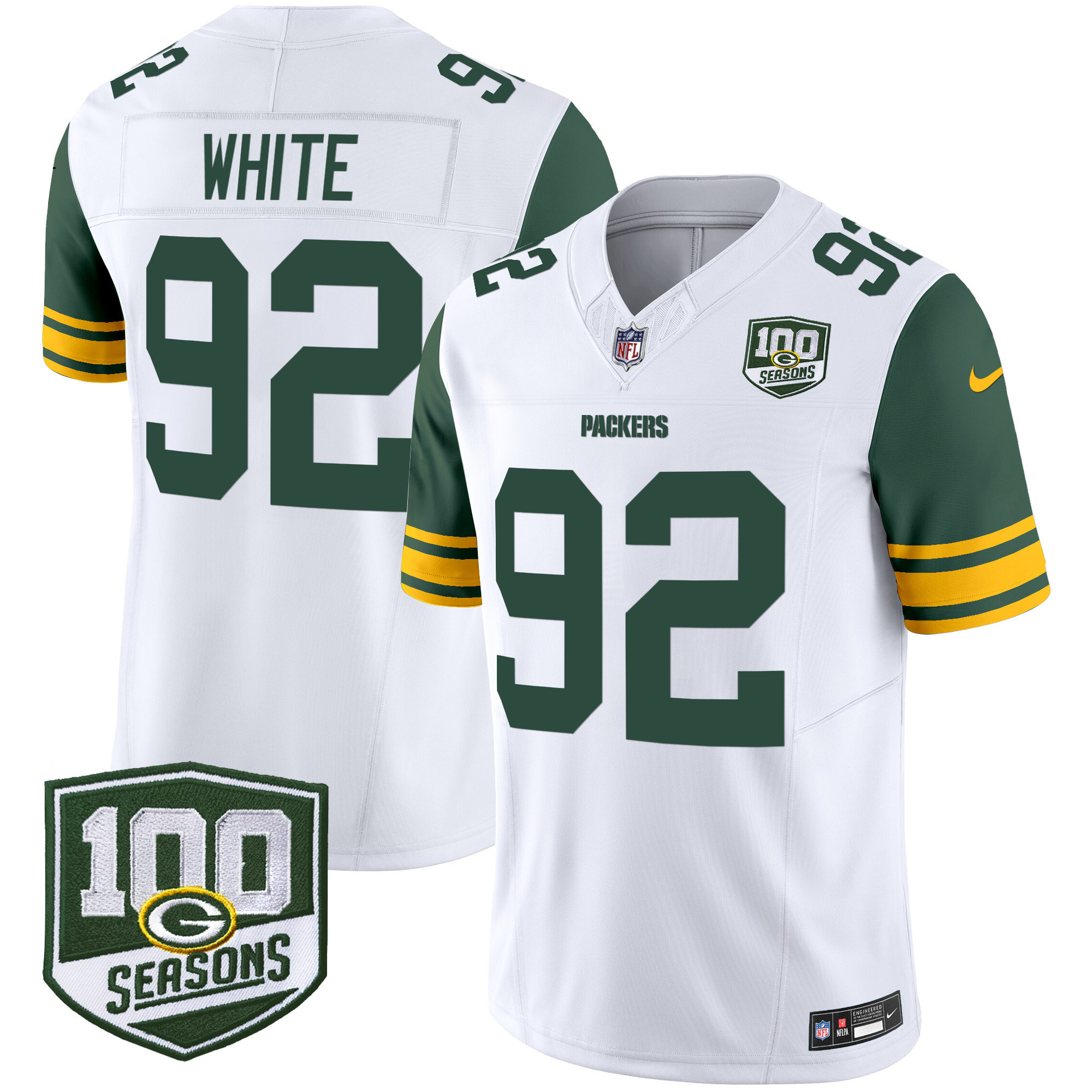 Reggie White Men's Green Bay Packers Throwback 100th Season Patch Vapor Limited White Jersey - All Stitched