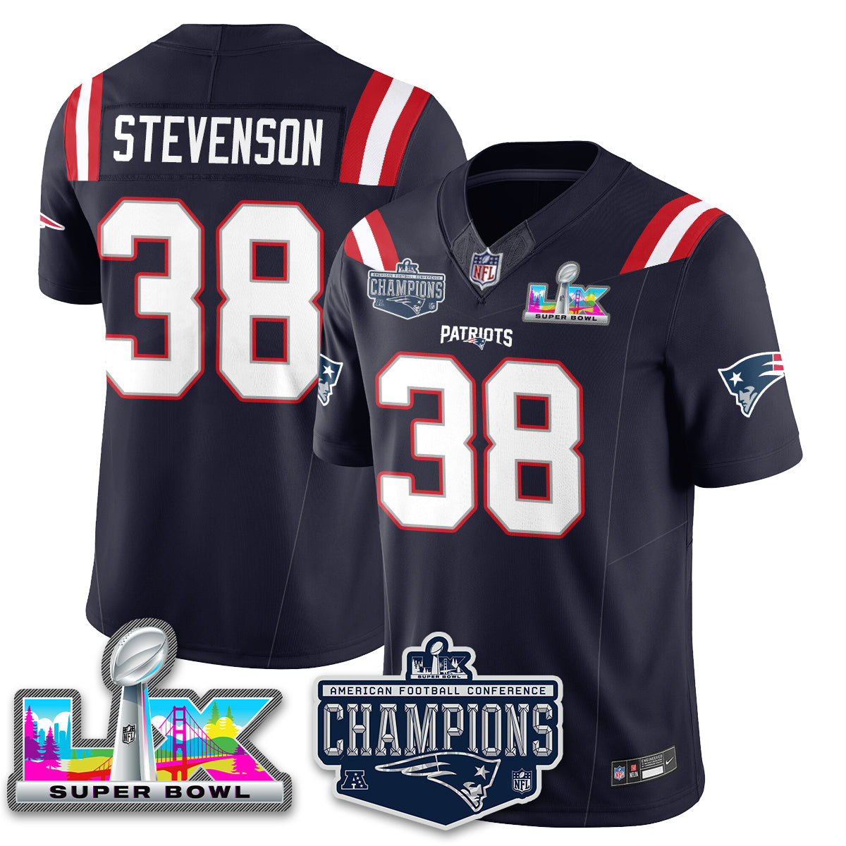 Rhamondre Stevenson - 38 New England Patriots 2025 AFC Champions Vapor Limited Navy Jersey - All Stitched