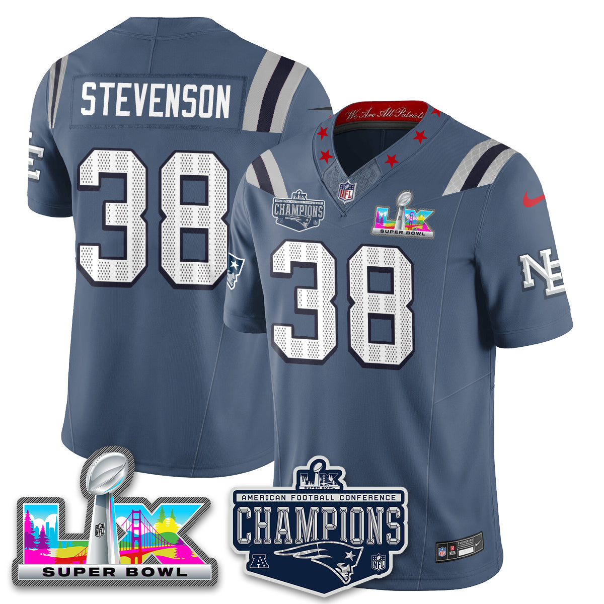Rhamondre Stevenson - 38 New England Patriots 2025 AFC Champions Vapor Limited Storm Blue Jersey - All Stitched