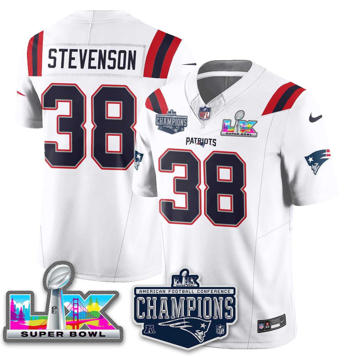Rhamondre Stevenson - 38 New England Patriots 2025 AFC Champions Vapor Limited White Jersey - All Stitched