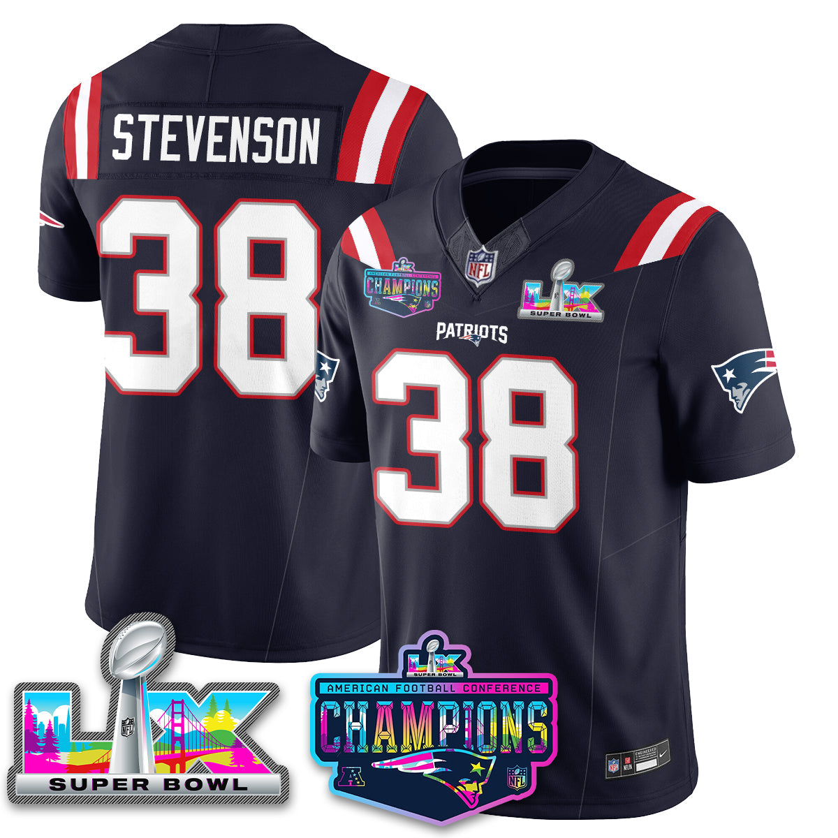 Rhamondre Stevenson - 38 New England Patriots 2025 Vapor Navy Jersey - AFC Champions Limited Patch - All Stitched