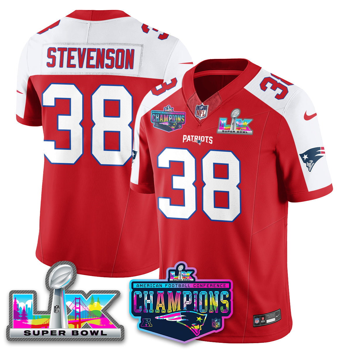 Rhamondre Stevenson - 38 New England Patriots 2025 Vapor Red Alternate Jersey - AFC Champions Limited Patch - All Stitched