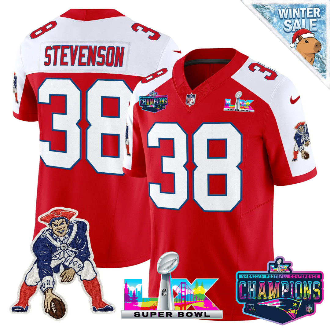 Rhamondre Stevenson - 38 New England Patriots 2025 Vapor Red Throwback Alternate Jersey - AFC Champions Limited Patch - All Stitched