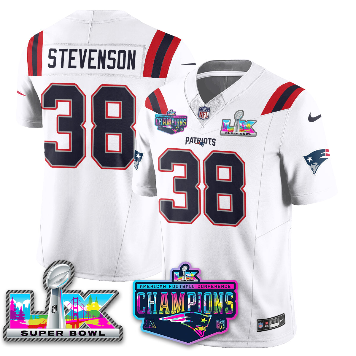 Rhamondre Stevenson - 38 New England Patriots 2025 Vapor White Jersey - AFC Champions Limited Patch - All Stitched