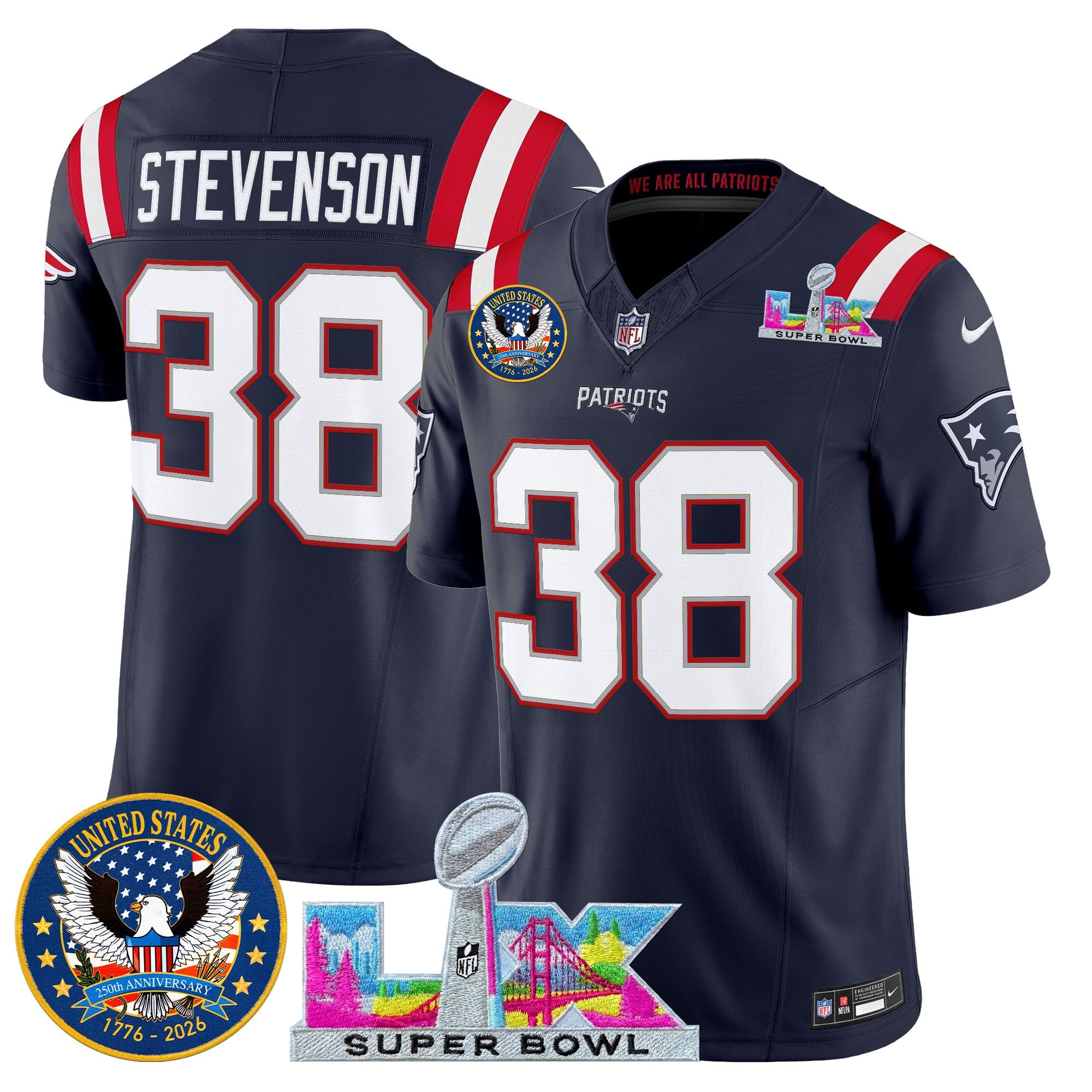 Rhamondre Stevenson Men's New England Patriots “Super Bowl LX & United States 250th Patch” Vapor Limited Navy Jersey - All Stitched