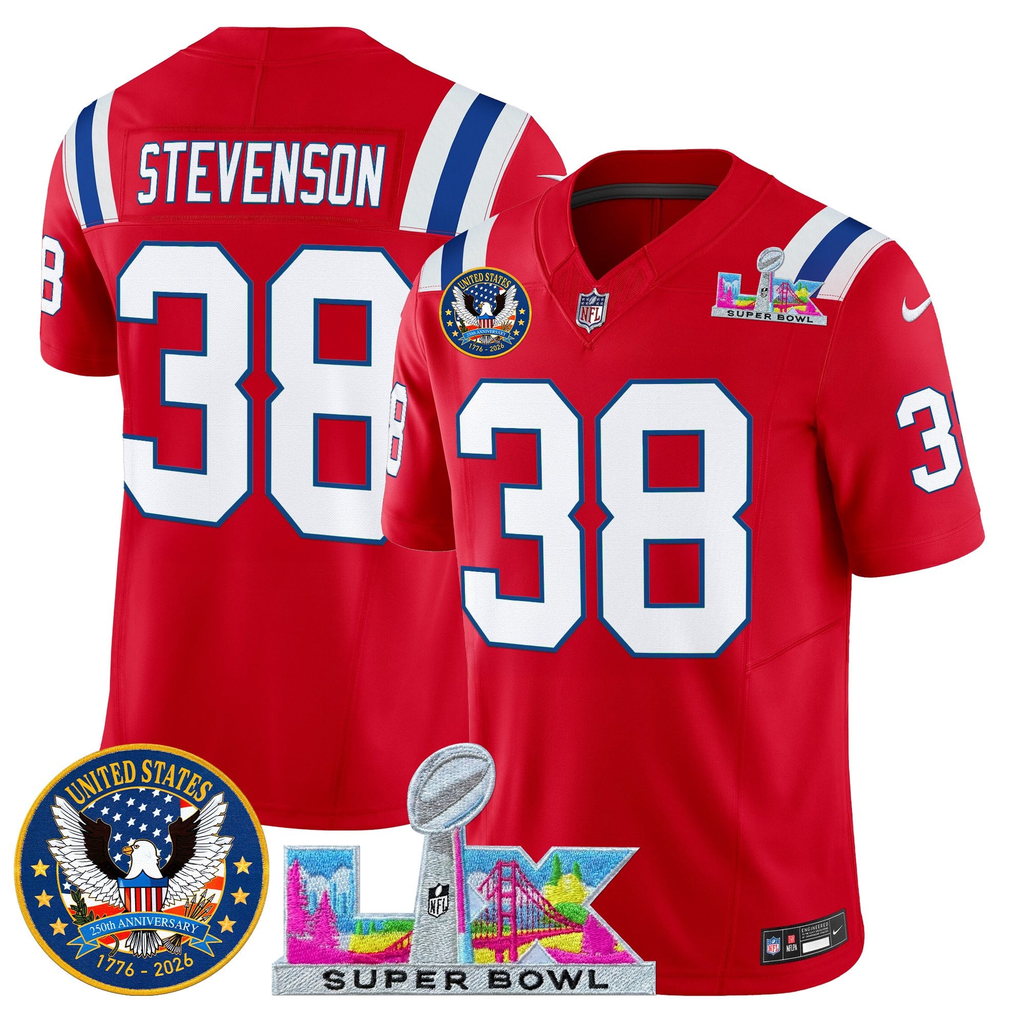 Rhamondre Stevenson Men's New England Patriots “Super Bowl LX & United States 250th Patch” Vapor Limited Red Jersey - All Stitched