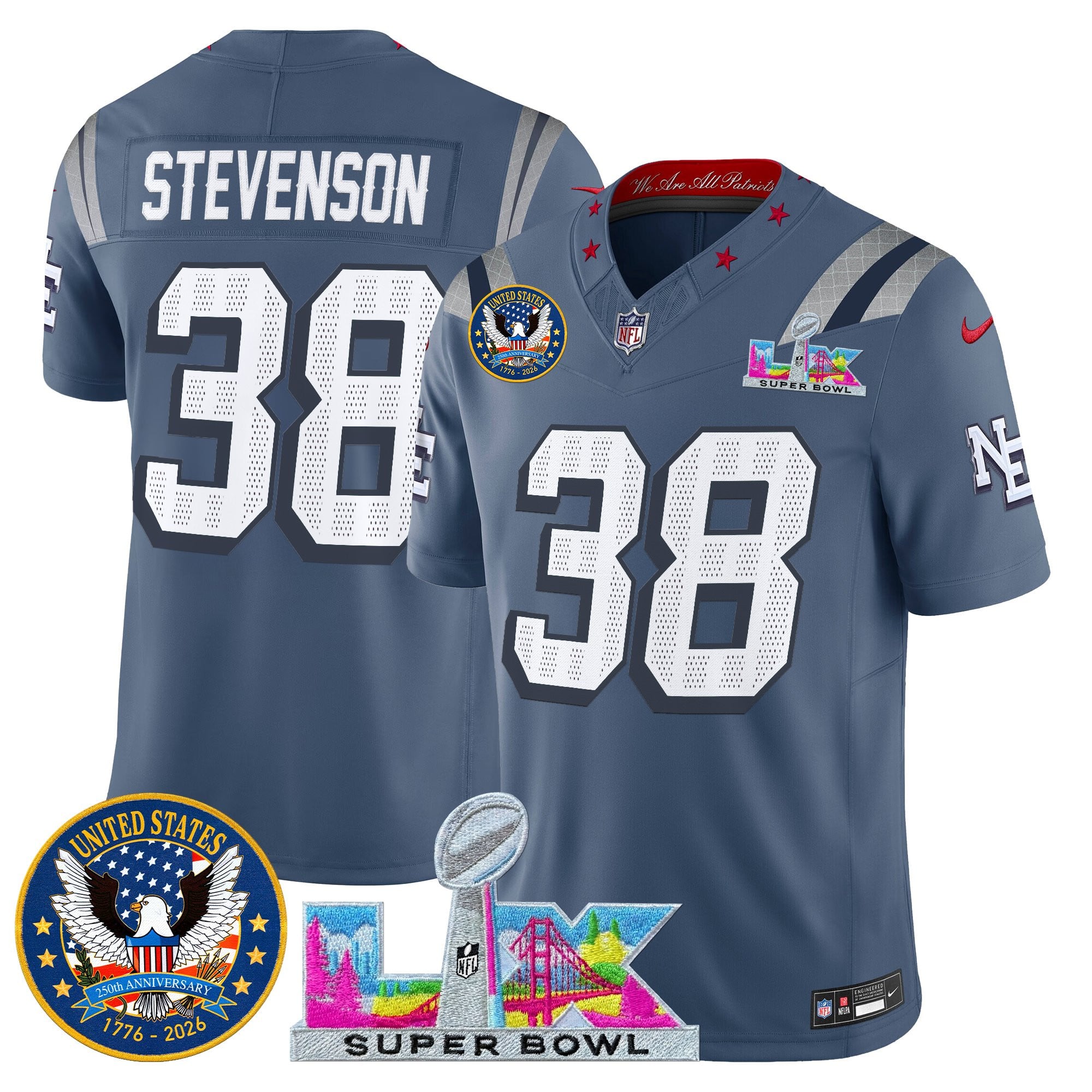 Rhamondre Stevenson Men's New England Patriots “Super Bowl LX & United States 250th Patch” Vapor Limited Storm Blue Jersey - All Stitched