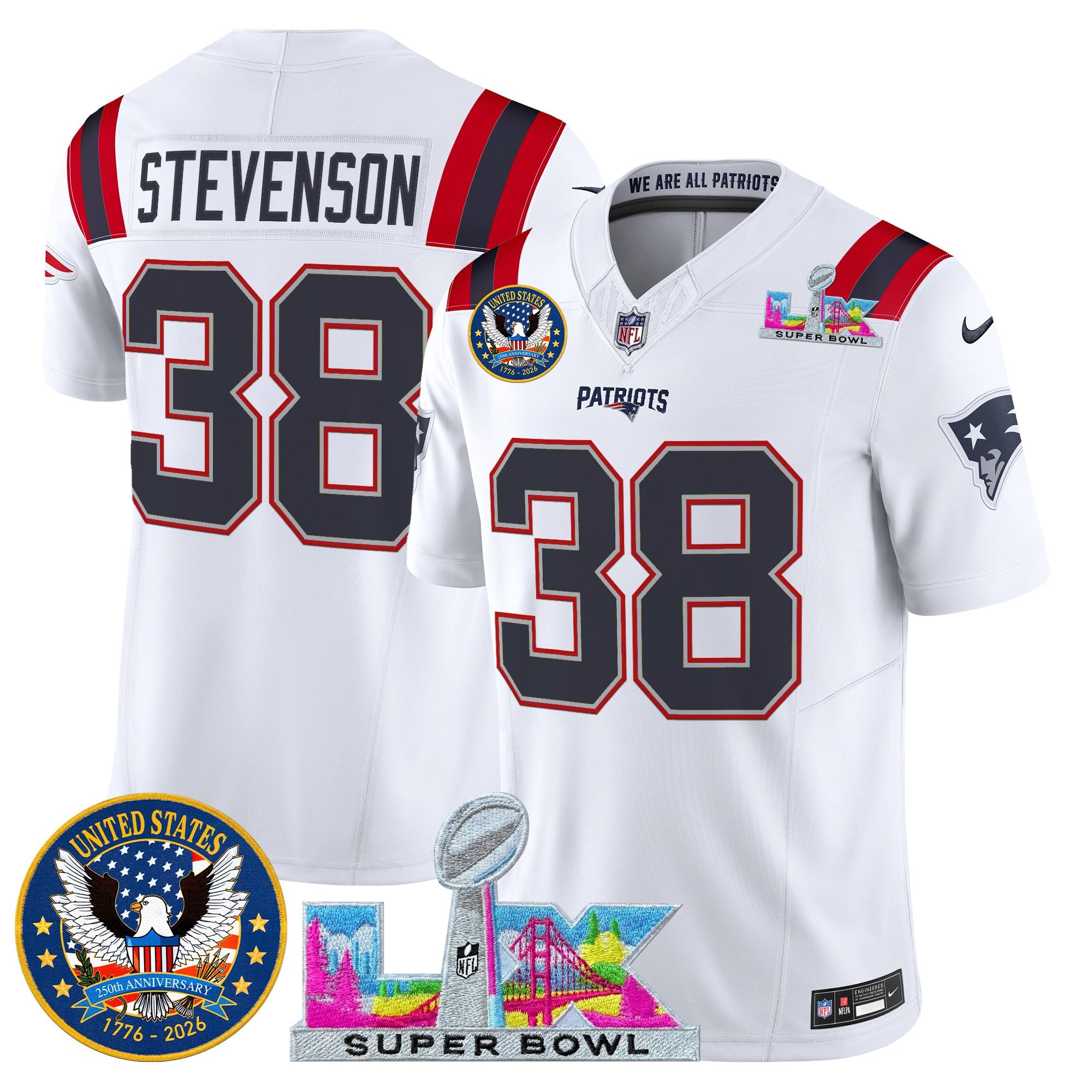 Rhamondre Stevenson Men's New England Patriots “Super Bowl LX & United States 250th Patch” Vapor Limited White Jersey - All Stitched