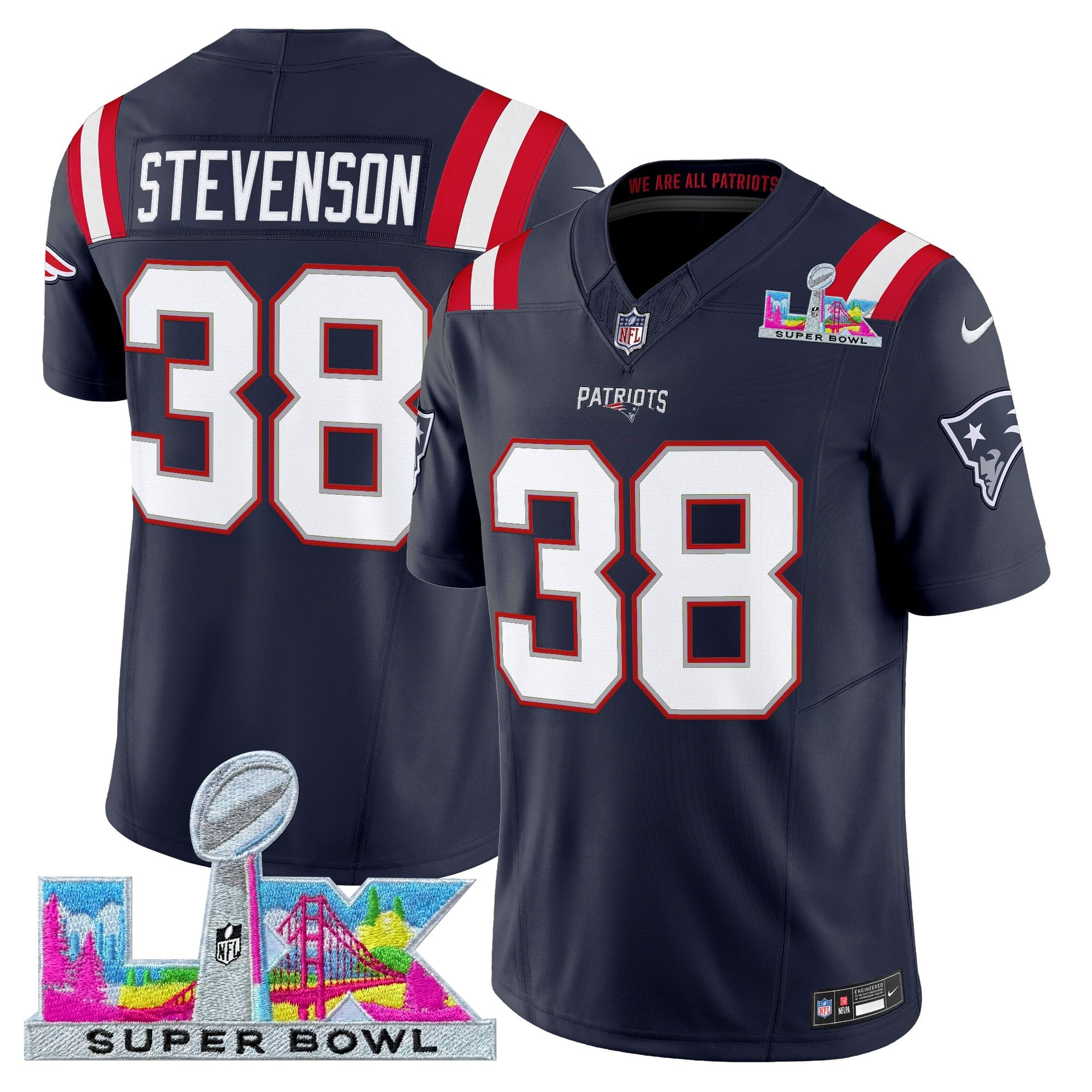 Rhamondre Stevenson Men's New England Patriots Super Bowl LX Vapor Limited Navy Jersey - All Stitched
