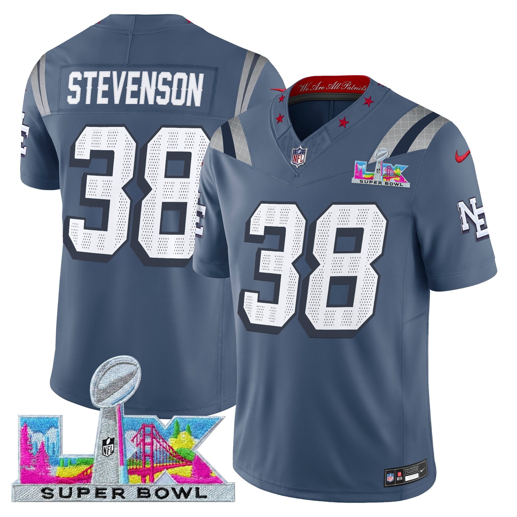 Rhamondre Stevenson Men's New England Patriots Super Bowl LX Vapor Limited Storm Blue Jersey - All Stitched