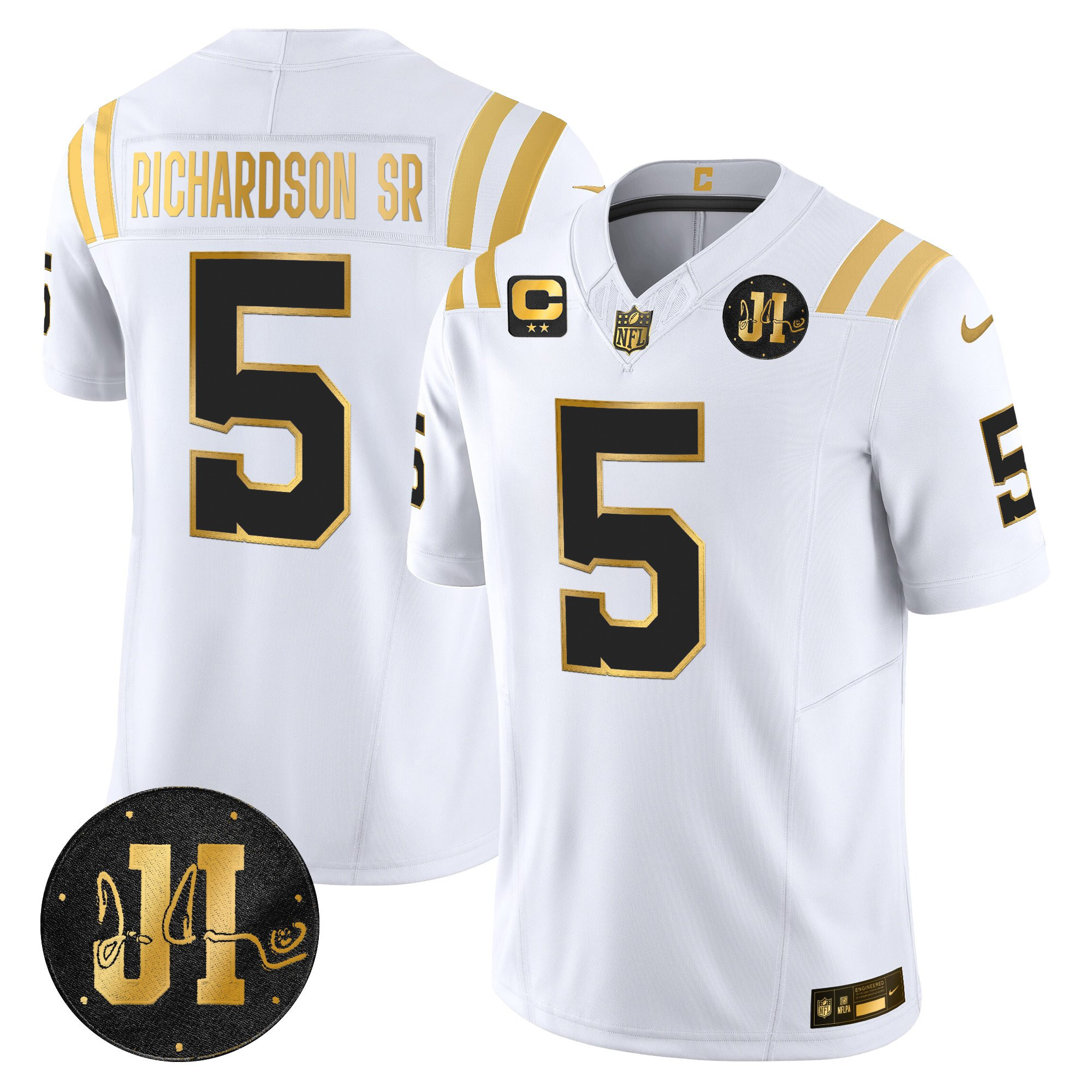 Richardson Sr. Men's Indianapolis Colts 2025 Jim Irsay Patch Gold Vapor Limited White Gold Jersey - All Stitched