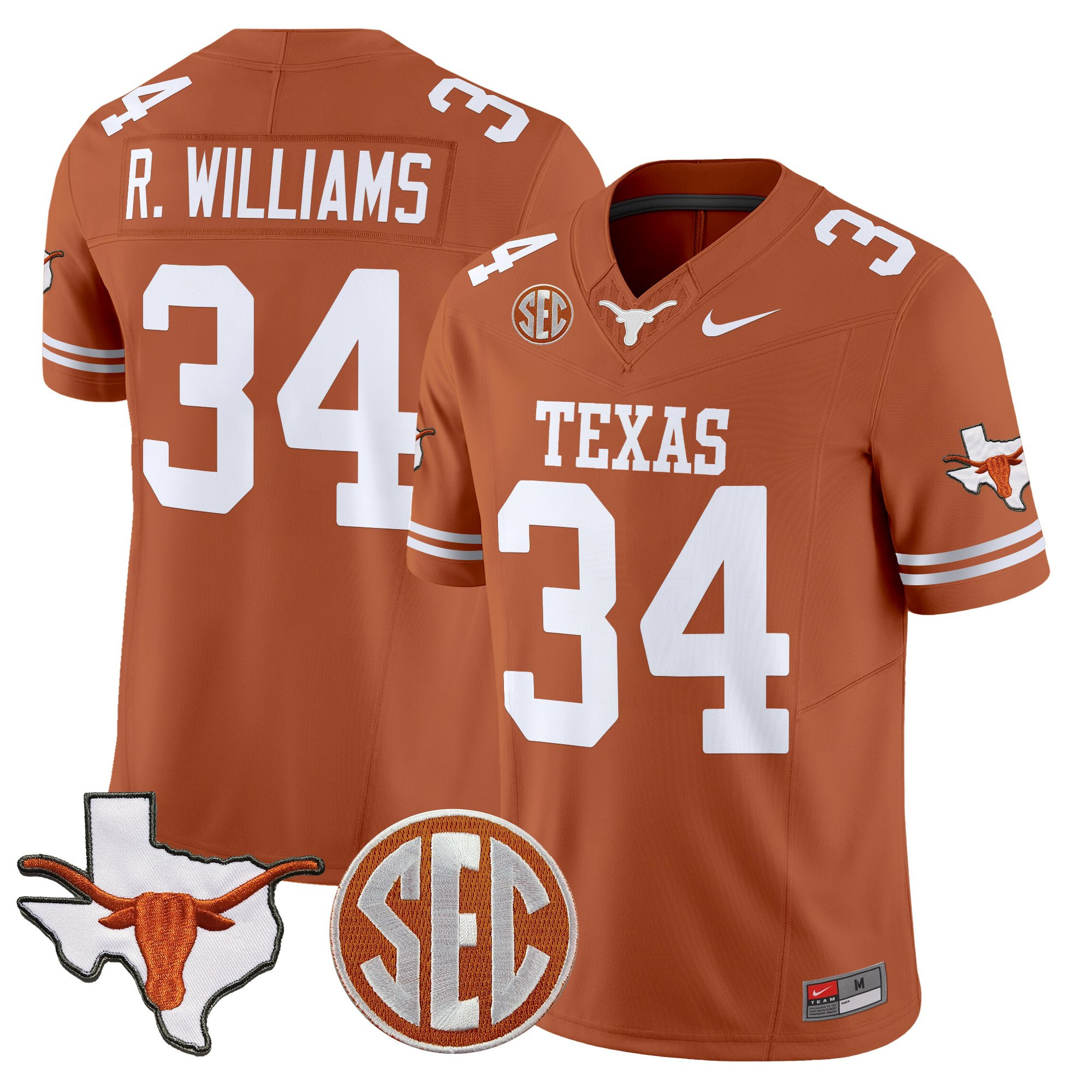 Ricky Williams Men's Texas Longhorns 2025 State Map & SEC Patch Vapor Limited Texas Orange Jersey - All Stitched